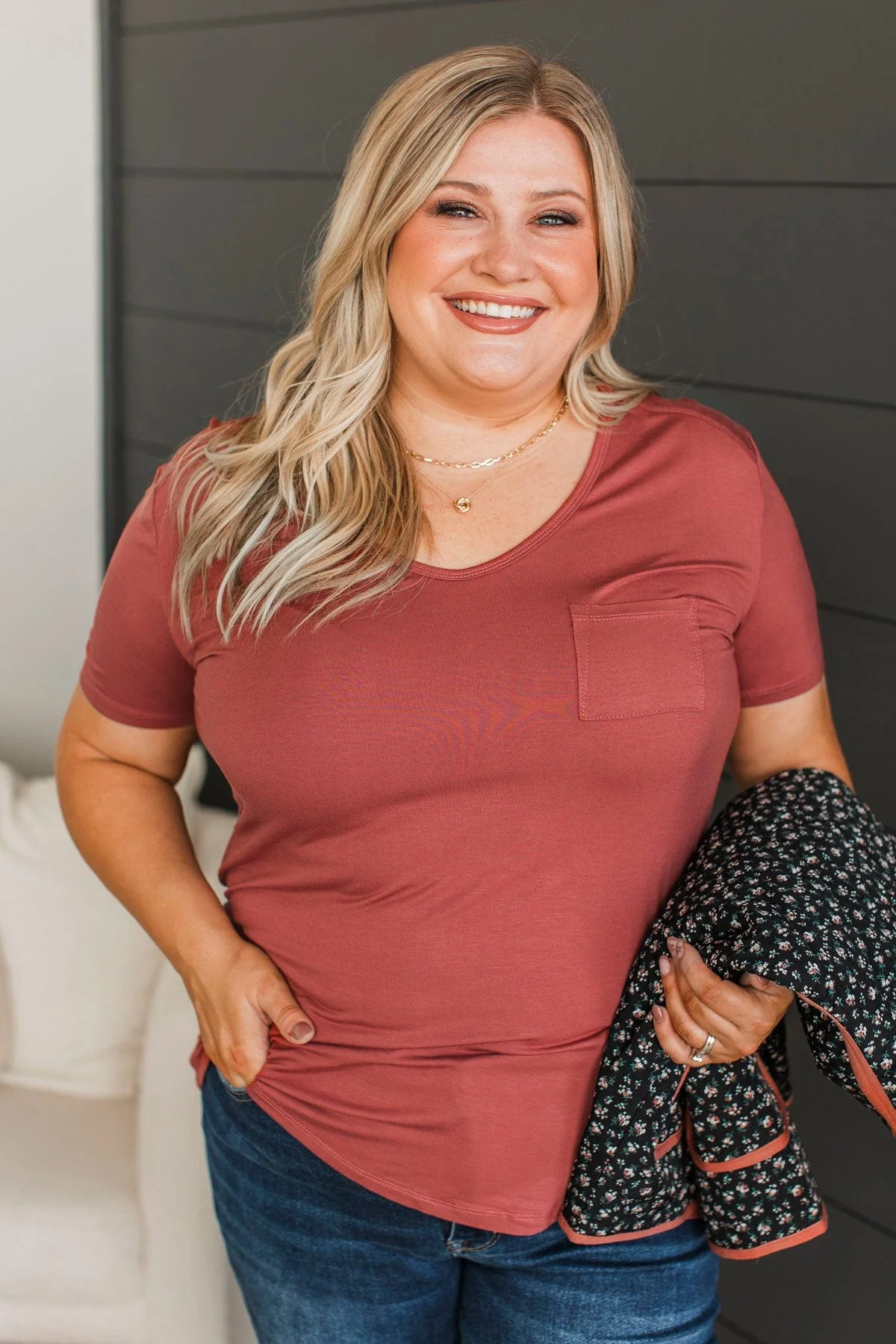 Beyond Beauty Short Sleeve Pocket Top- Marsala