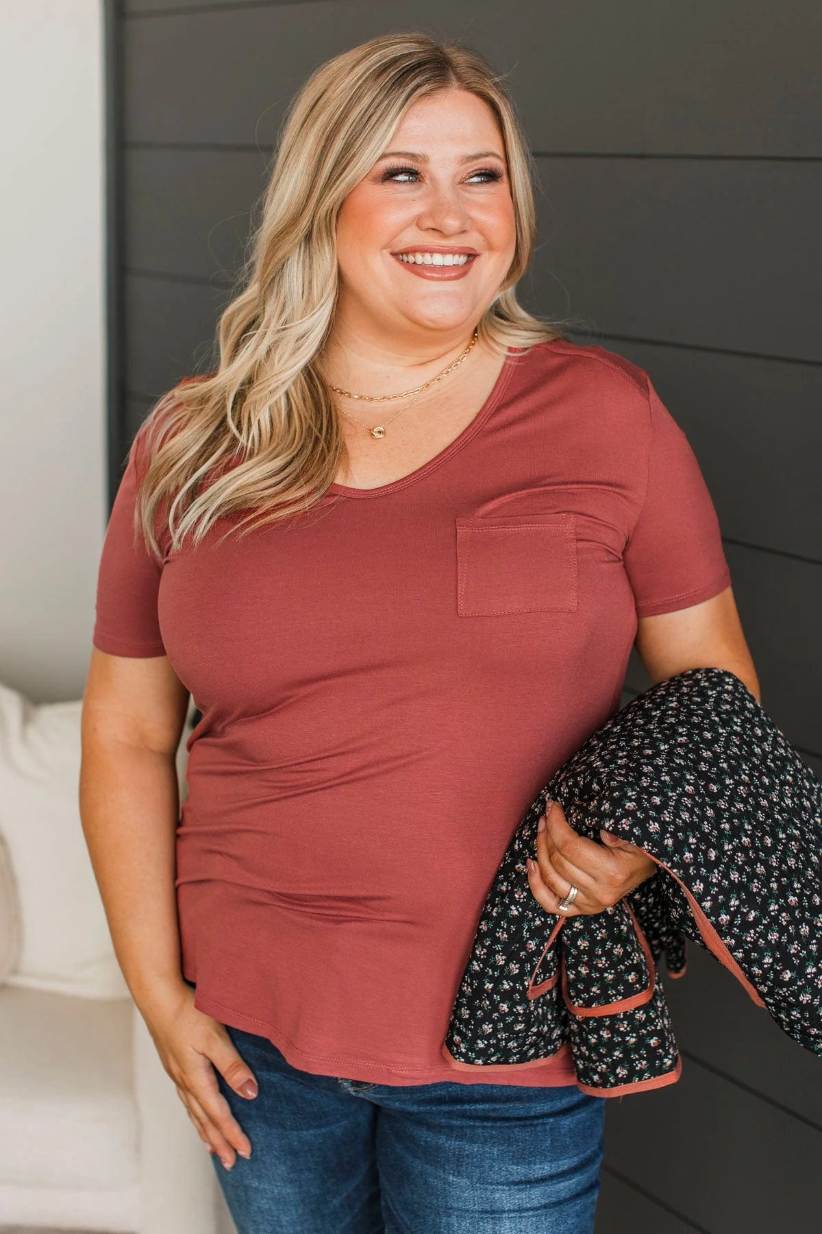Beyond Beauty Short Sleeve Pocket Top- Marsala - Image 3