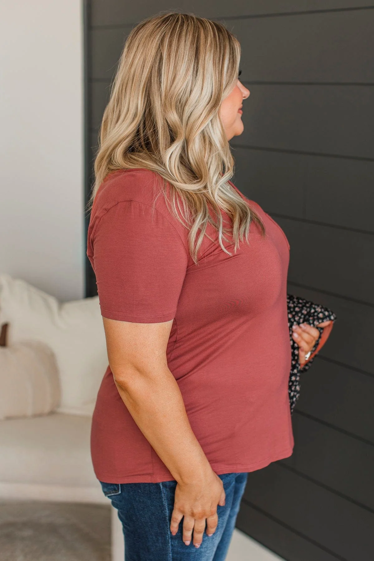 Beyond Beauty Short Sleeve Pocket Top- Marsala - Image 5