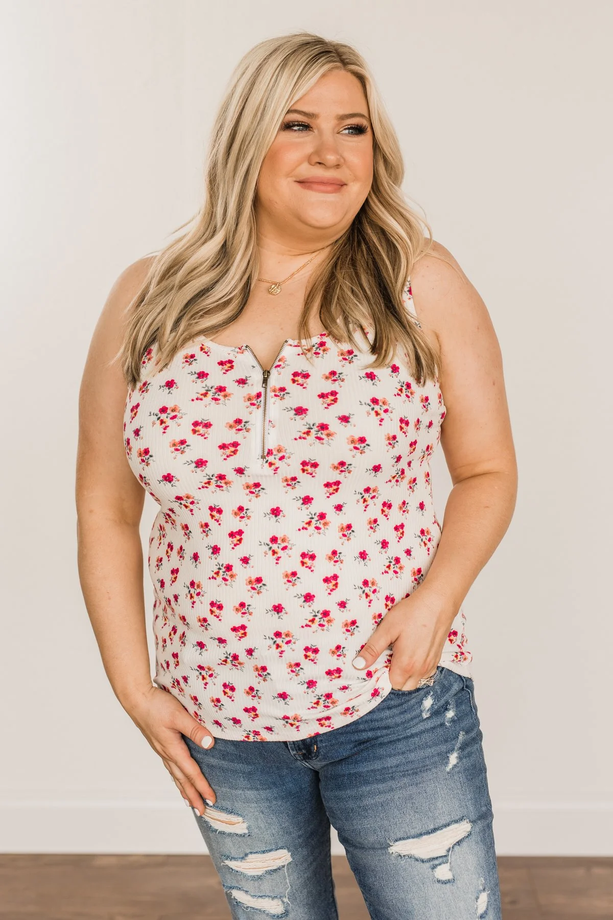 Beyond Breathtaking Zipper Henley Tank- Ivory & Fuchsia - Image 2