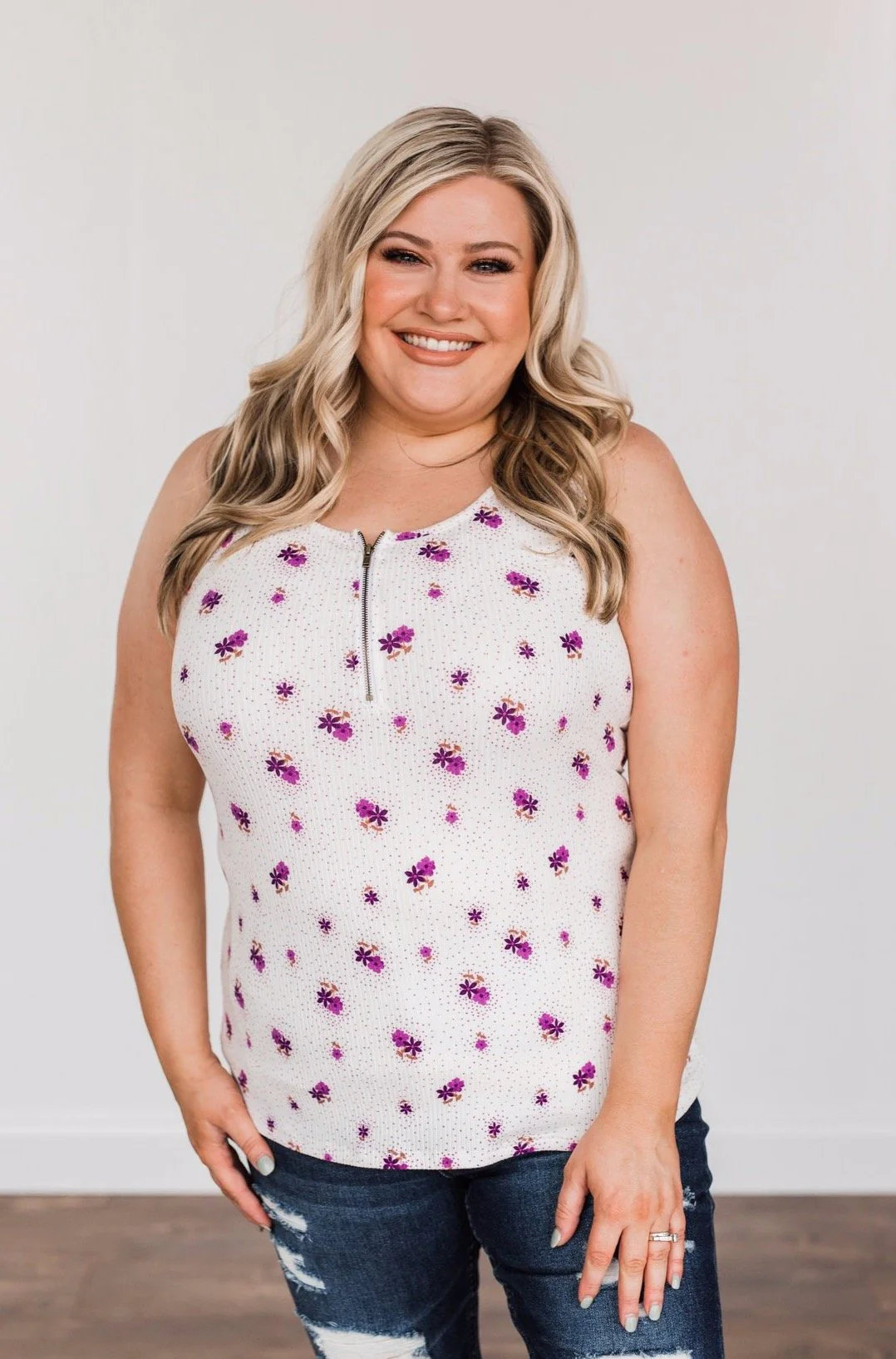 Beyond Breathtaking Zipper Henley Tank- Ivory & Purple - Image 3