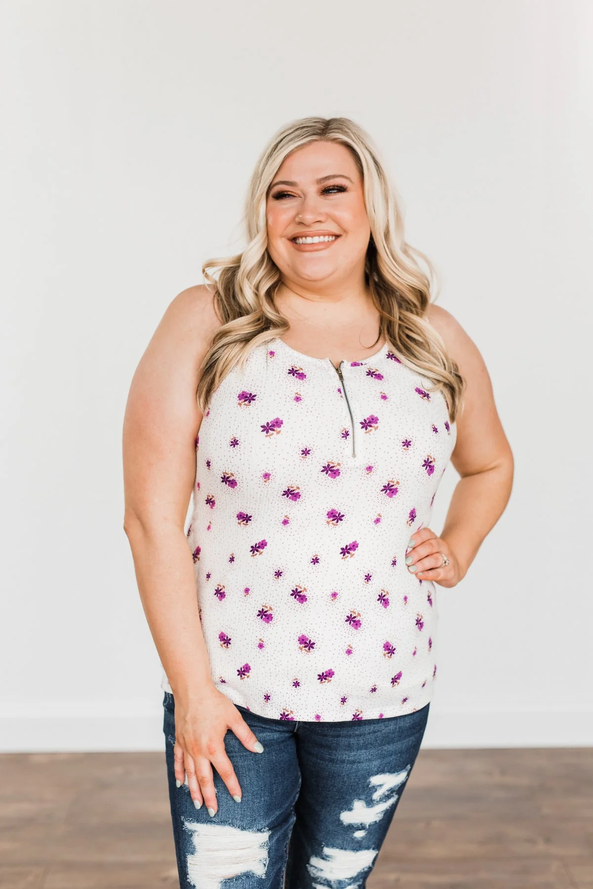 Beyond Breathtaking Zipper Henley Tank- Ivory & Purple - Image 5