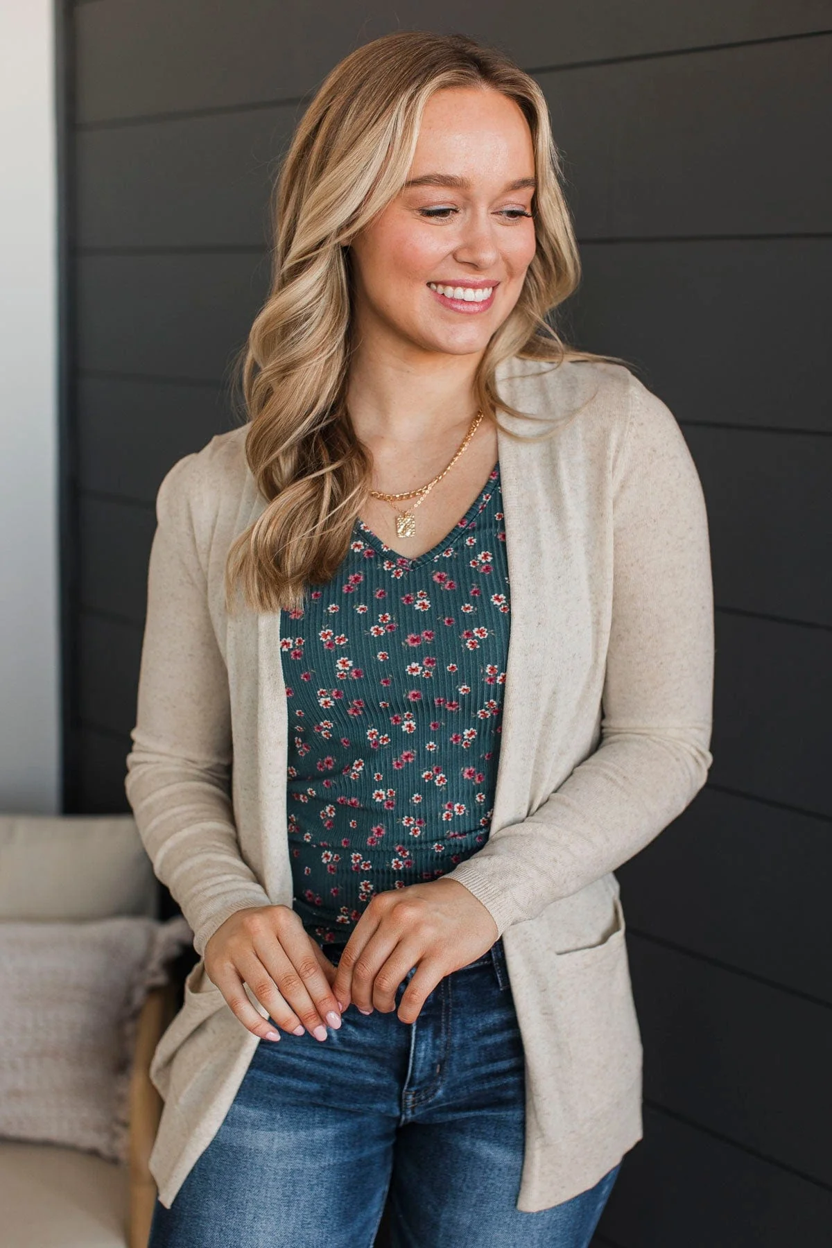 Beyond Confident Open Front Cardigan- Natural - Image 3
