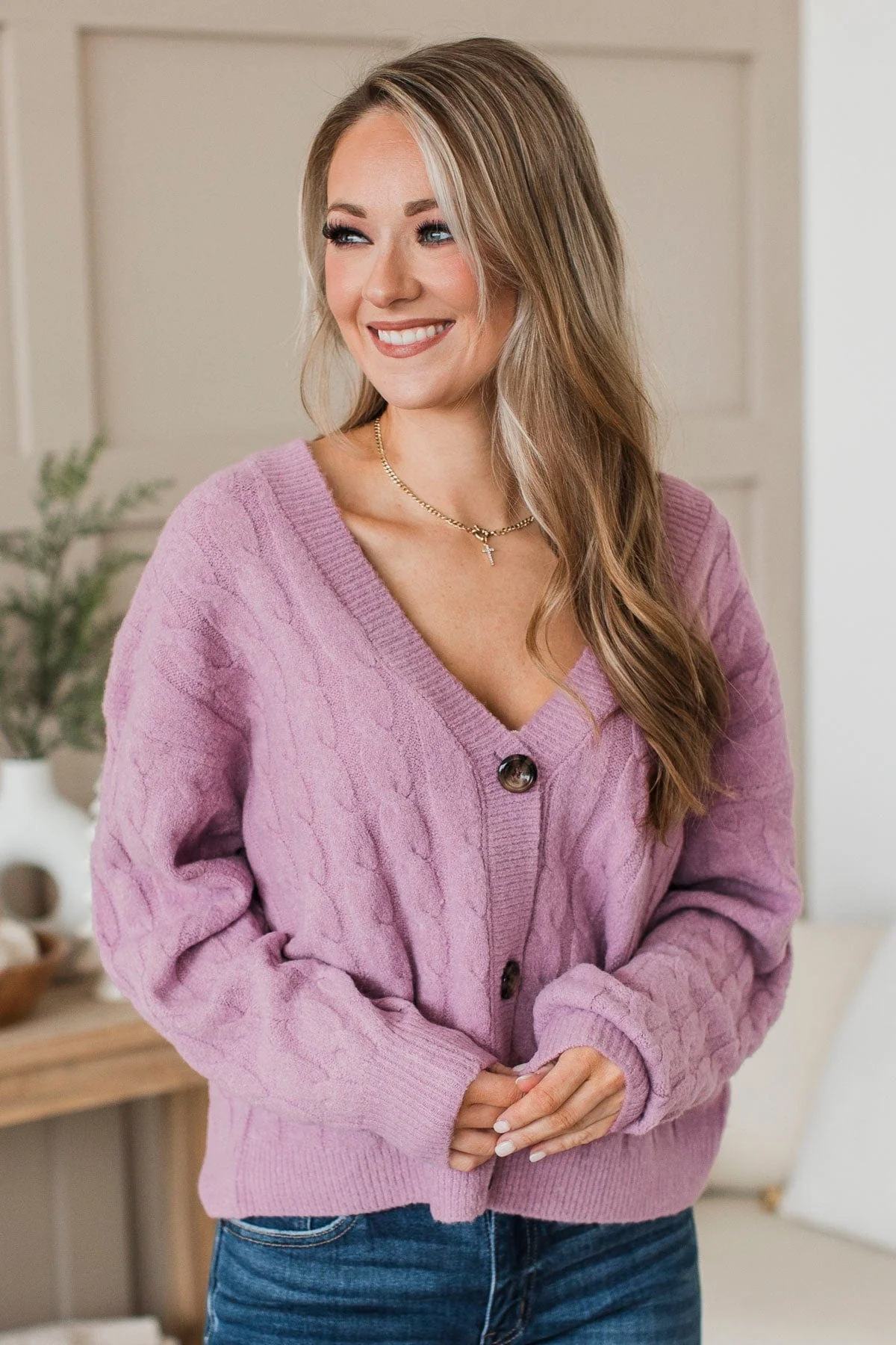 Beyond Cozy Knit Button Cardigan- Lavender - Image 3