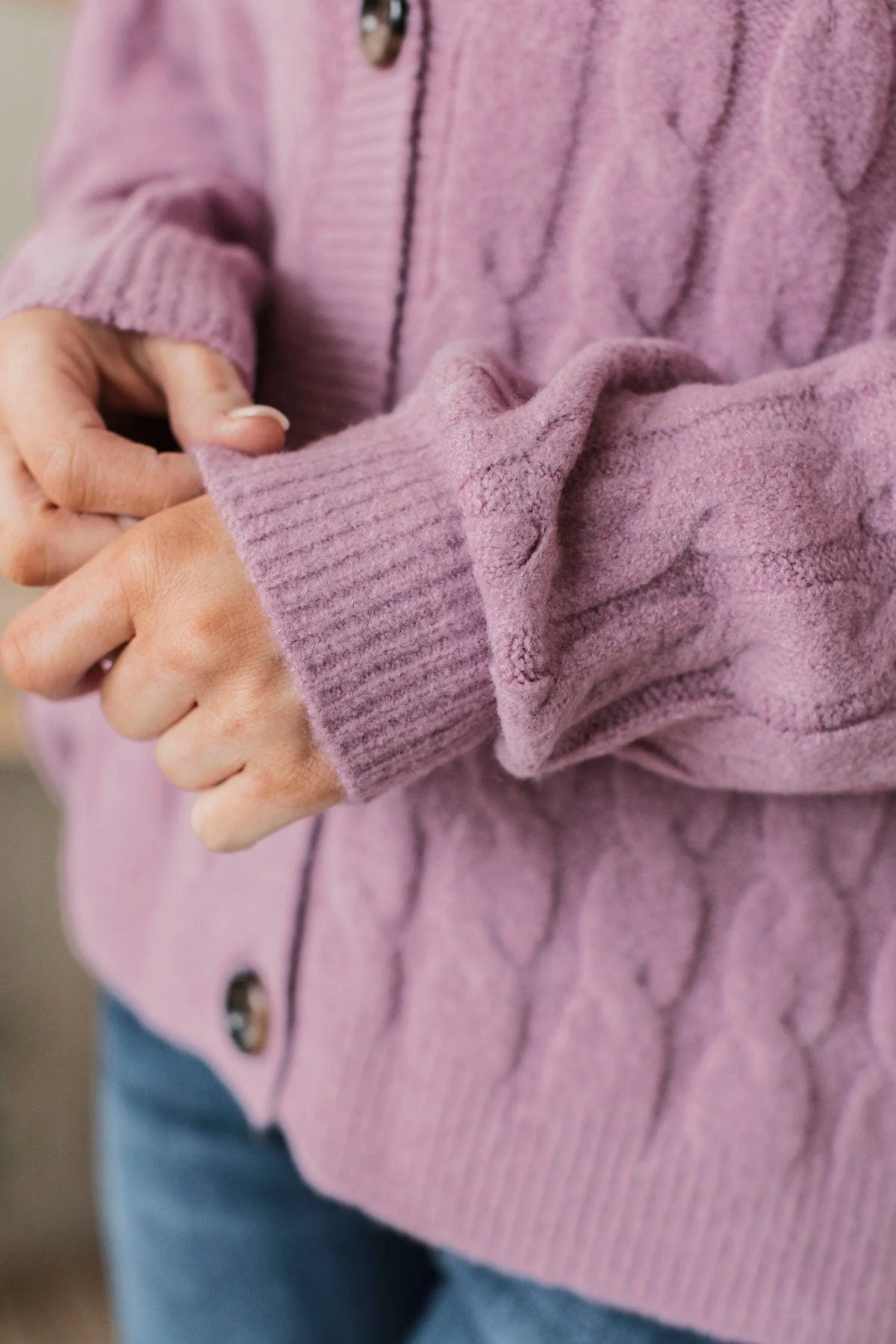 Beyond Cozy Knit Button Cardigan- Lavender - Image 4