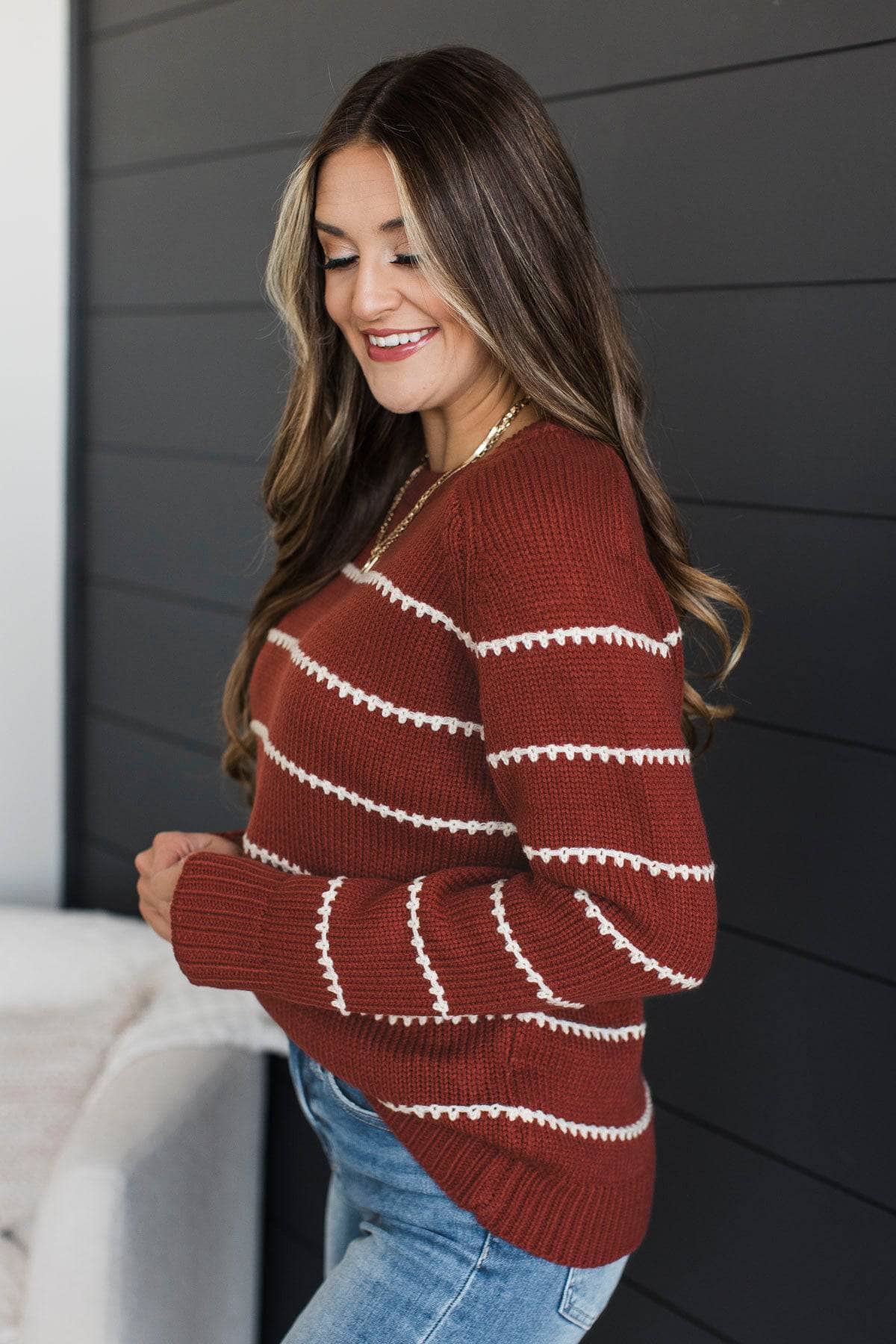 Beyond Grateful Stitch Stripe Sweater- Dark Rust - Image 5