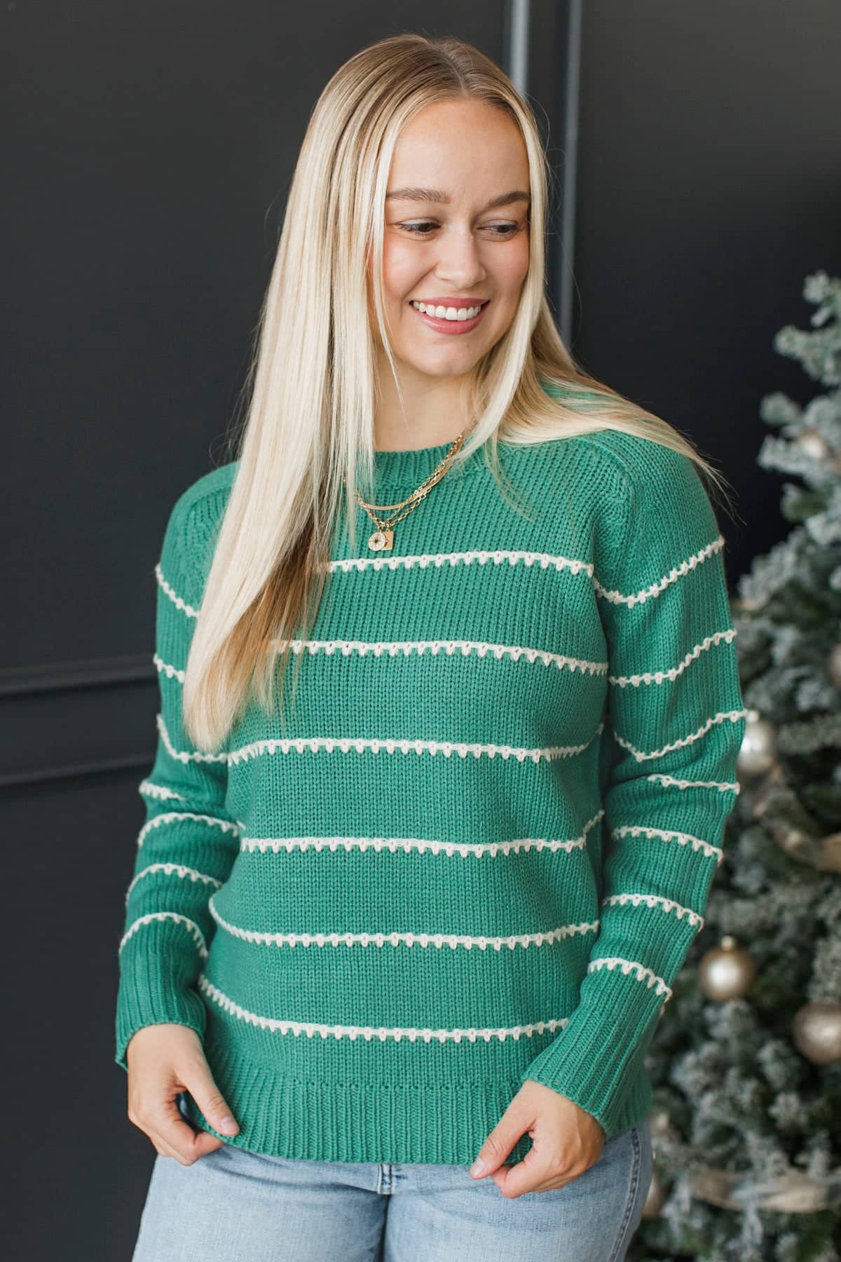 Beyond Grateful Stitch Stripe Sweater- Jade - Image 2
