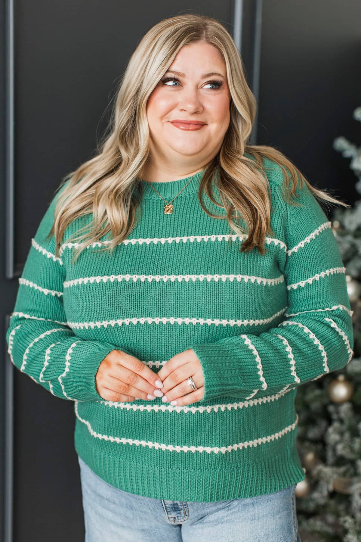 Beyond Grateful Stitch Stripe Sweater- Jade - Image 3