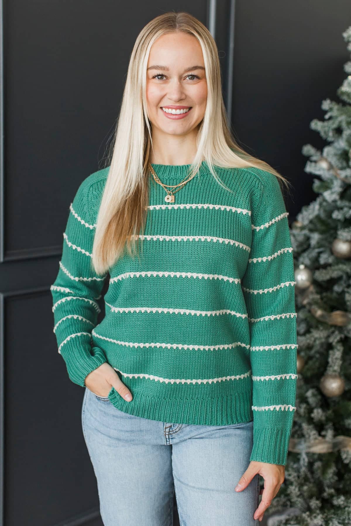 Beyond Grateful Stitch Stripe Sweater- Jade - Image 4