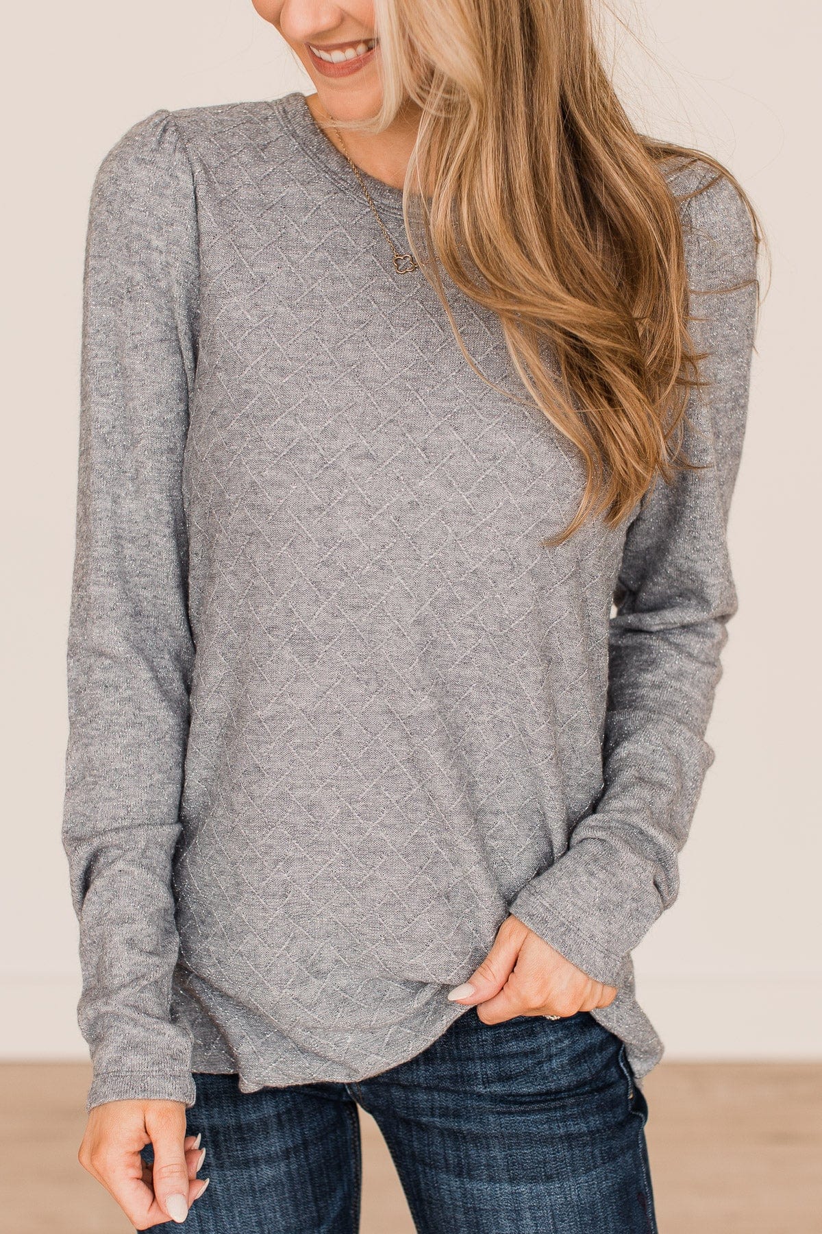 Big Dreams Puff Sleeve Knit Top- Grey - Image 2