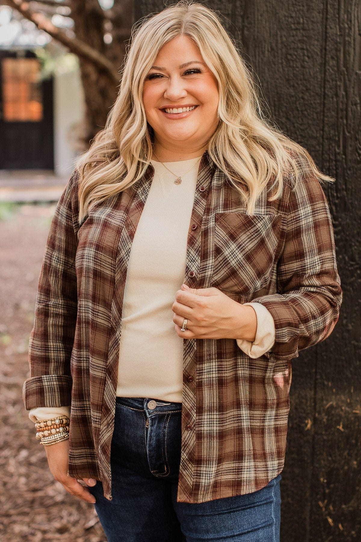 Big Expectations Plaid Button Top- Brown - Image 4
