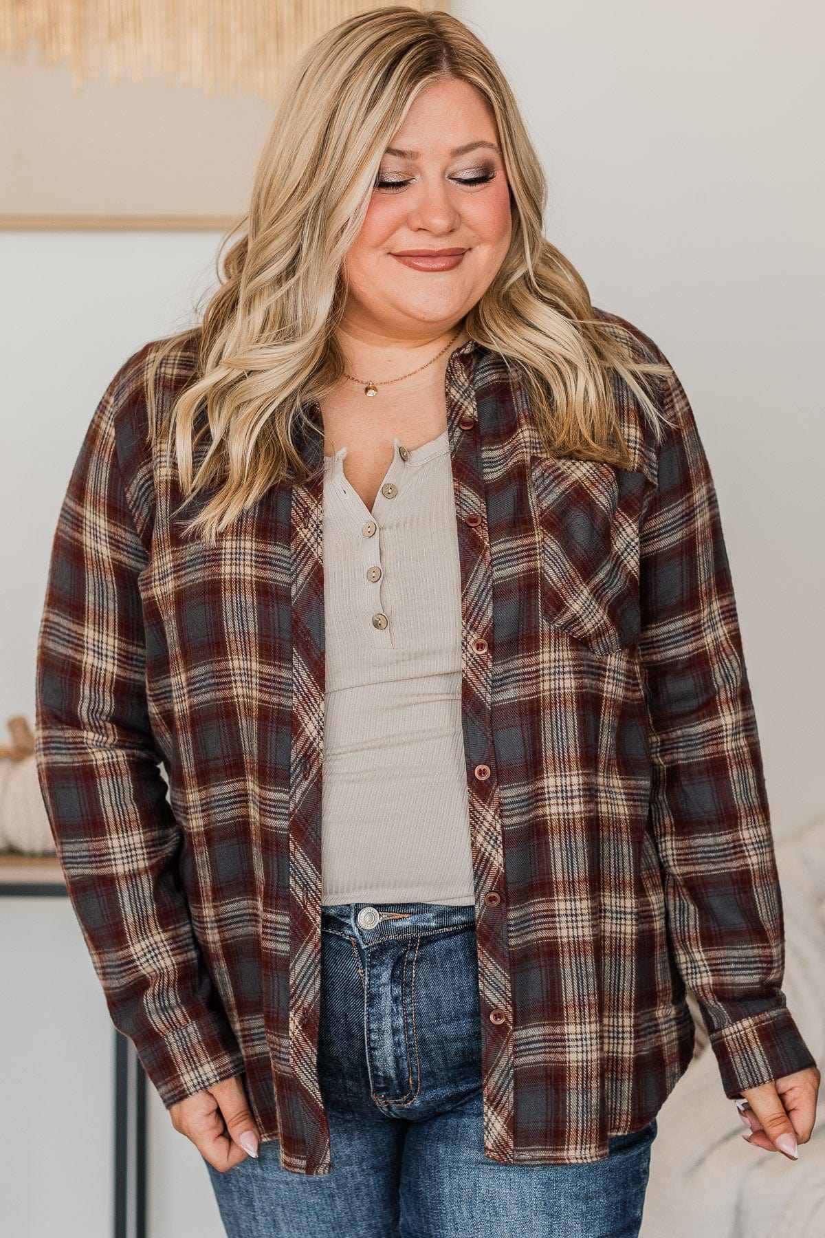 Big Expectations Plaid Button Top- Charcoal - Image 5