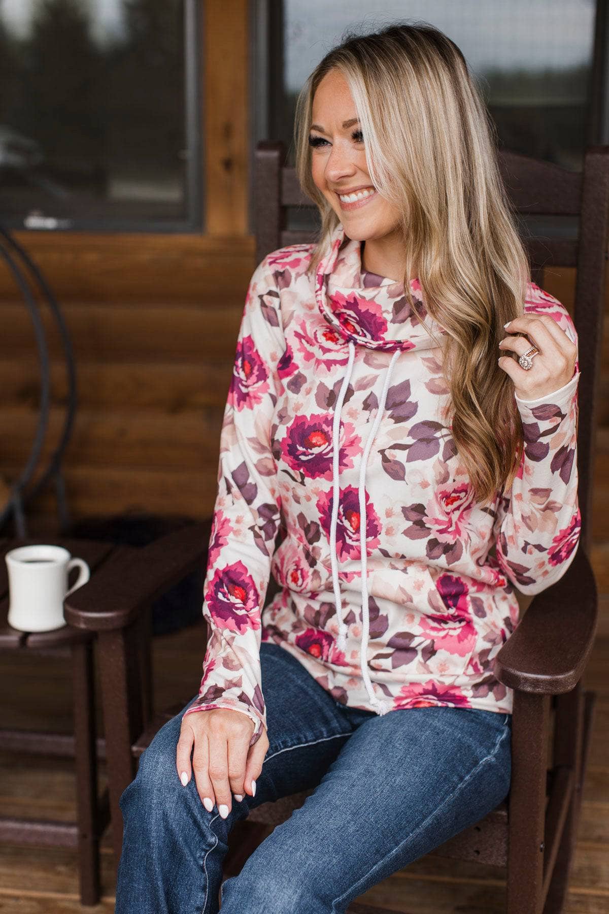 Big Feelings Funnel Neck Floral Pullover- Ivory & Pink