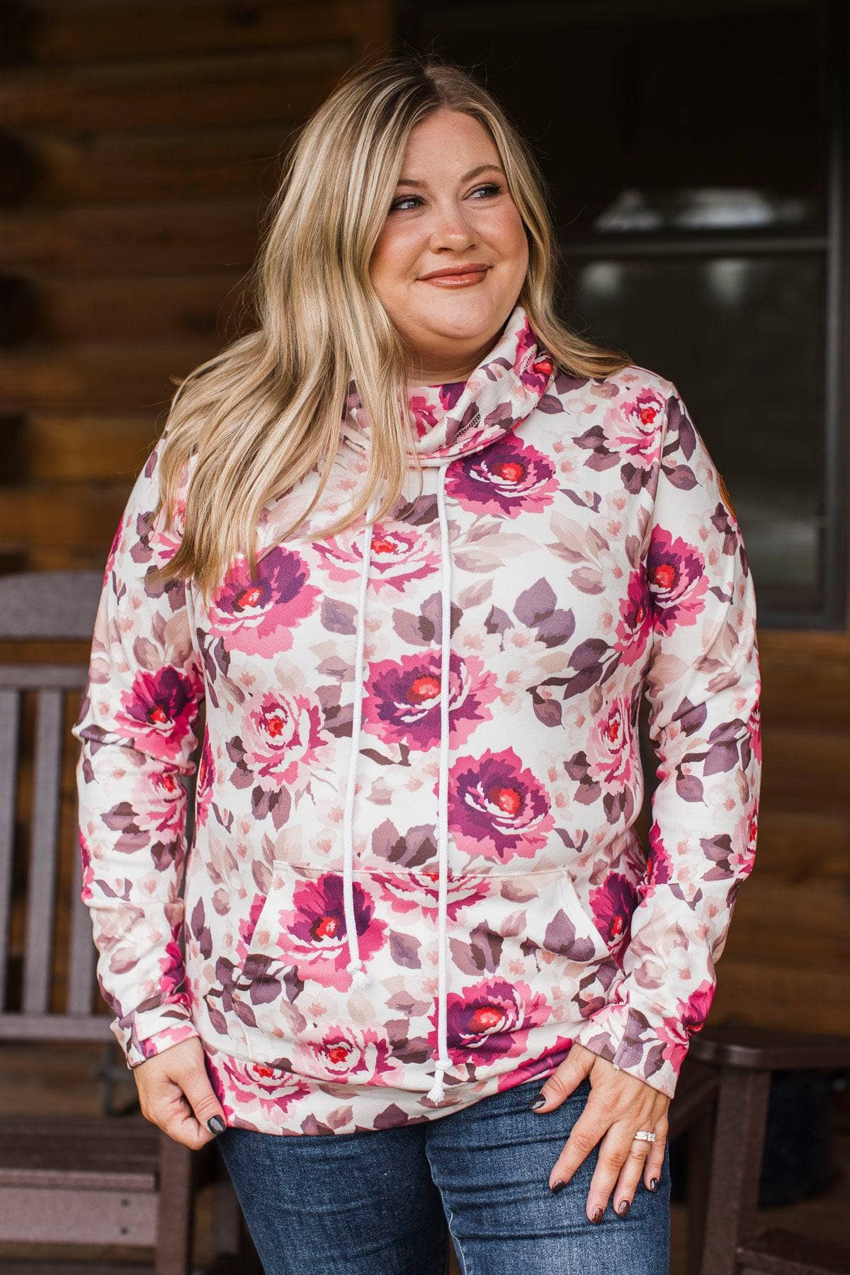 Big Feelings Funnel Neck Floral Pullover- Ivory & Pink - Image 3