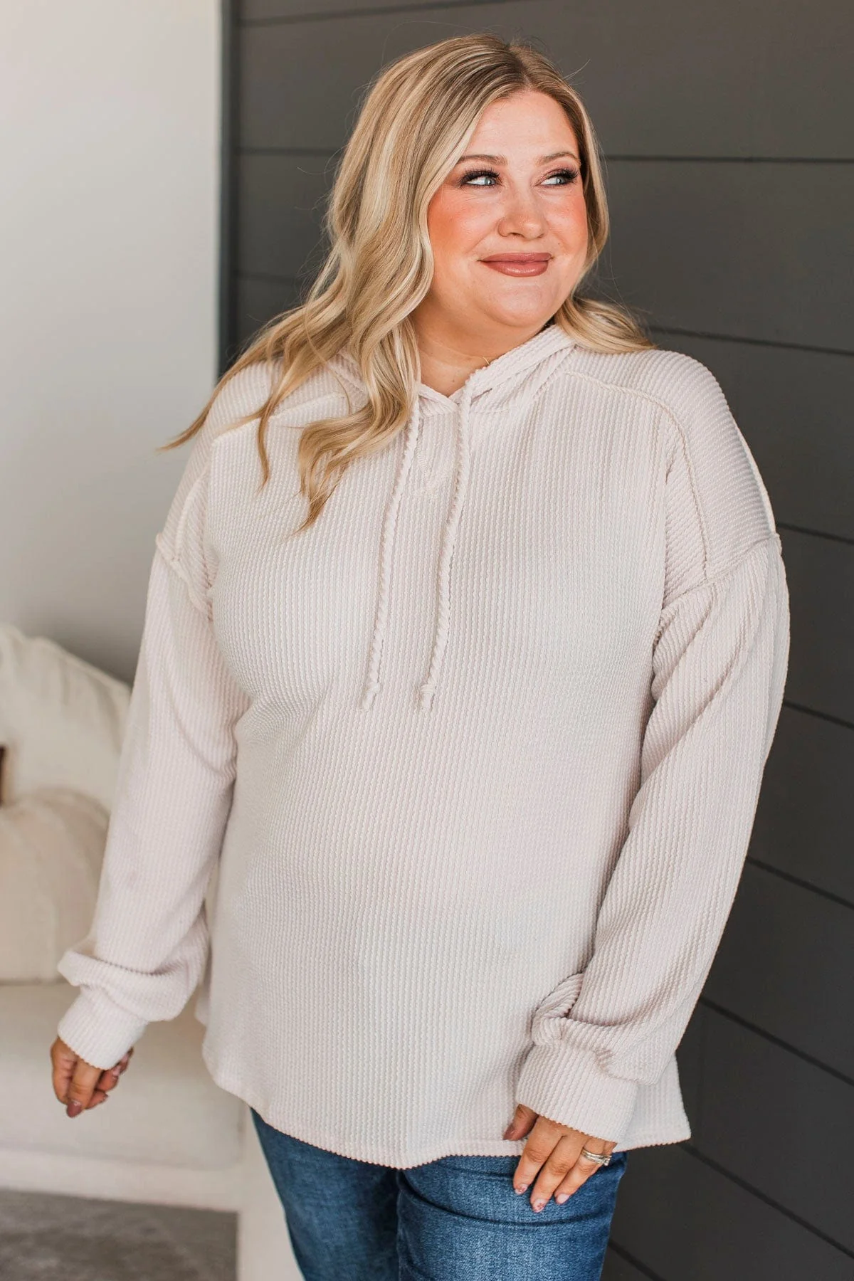 Big News Hooded Pullover Top- Cream - Image 4