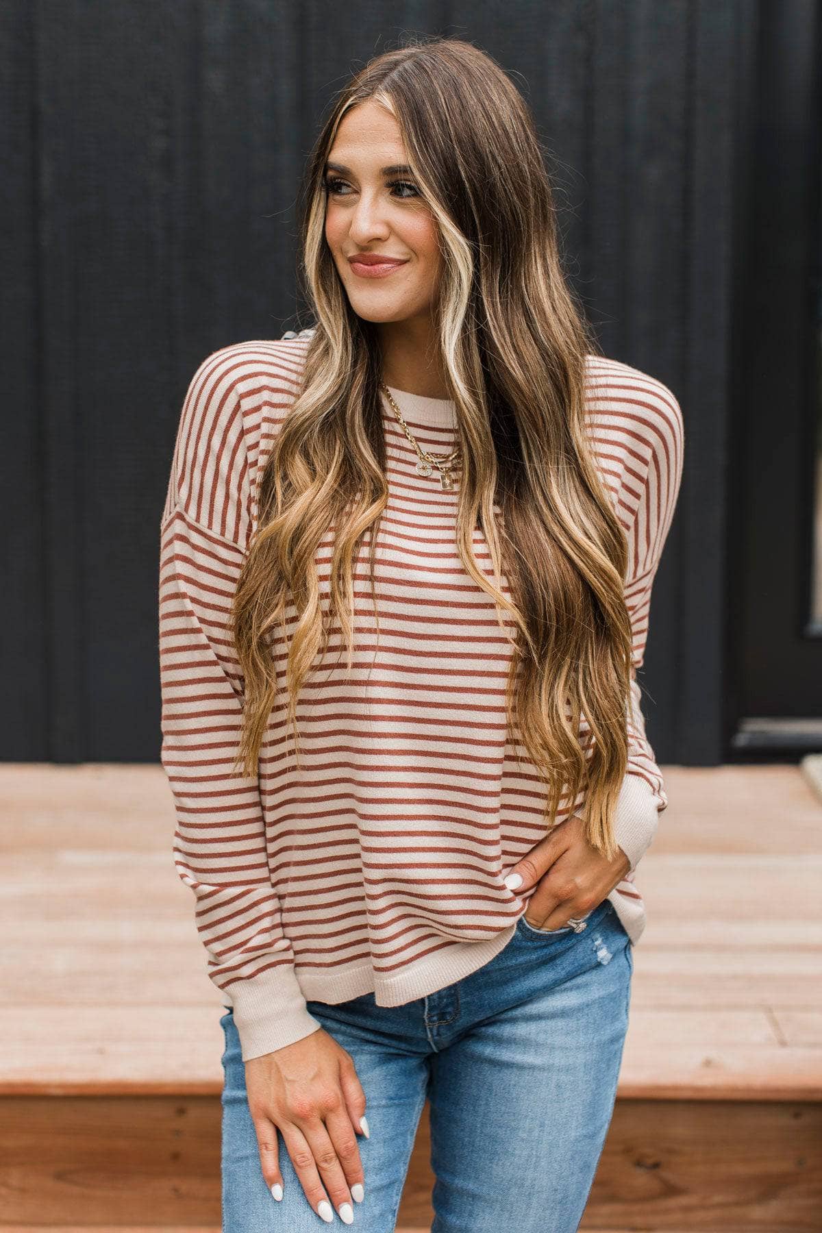 Big Statements Striped Knit Sweater- Ivory & Copper