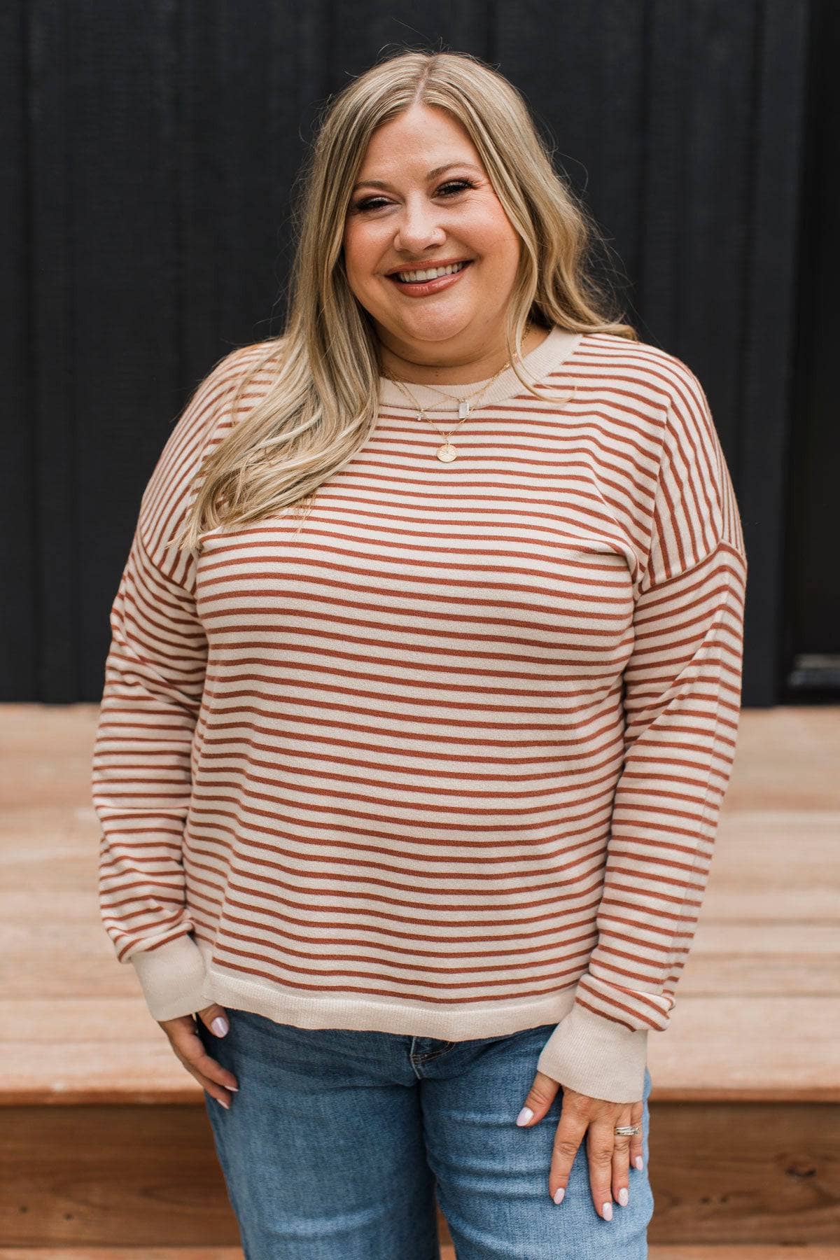 Big Statements Striped Knit Sweater- Ivory & Copper - Image 2