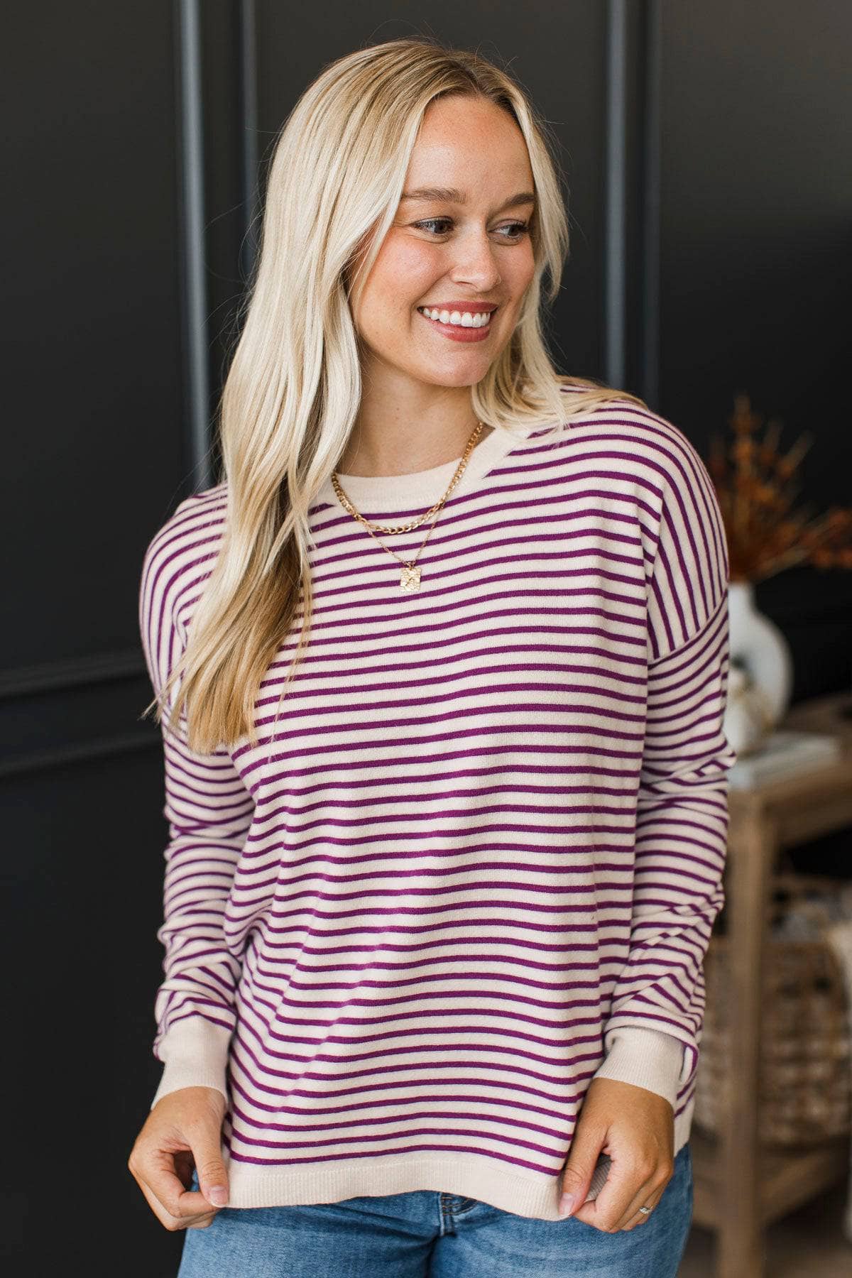Big Statements Striped Knit Sweater- Ivory & Magenta - Image 3