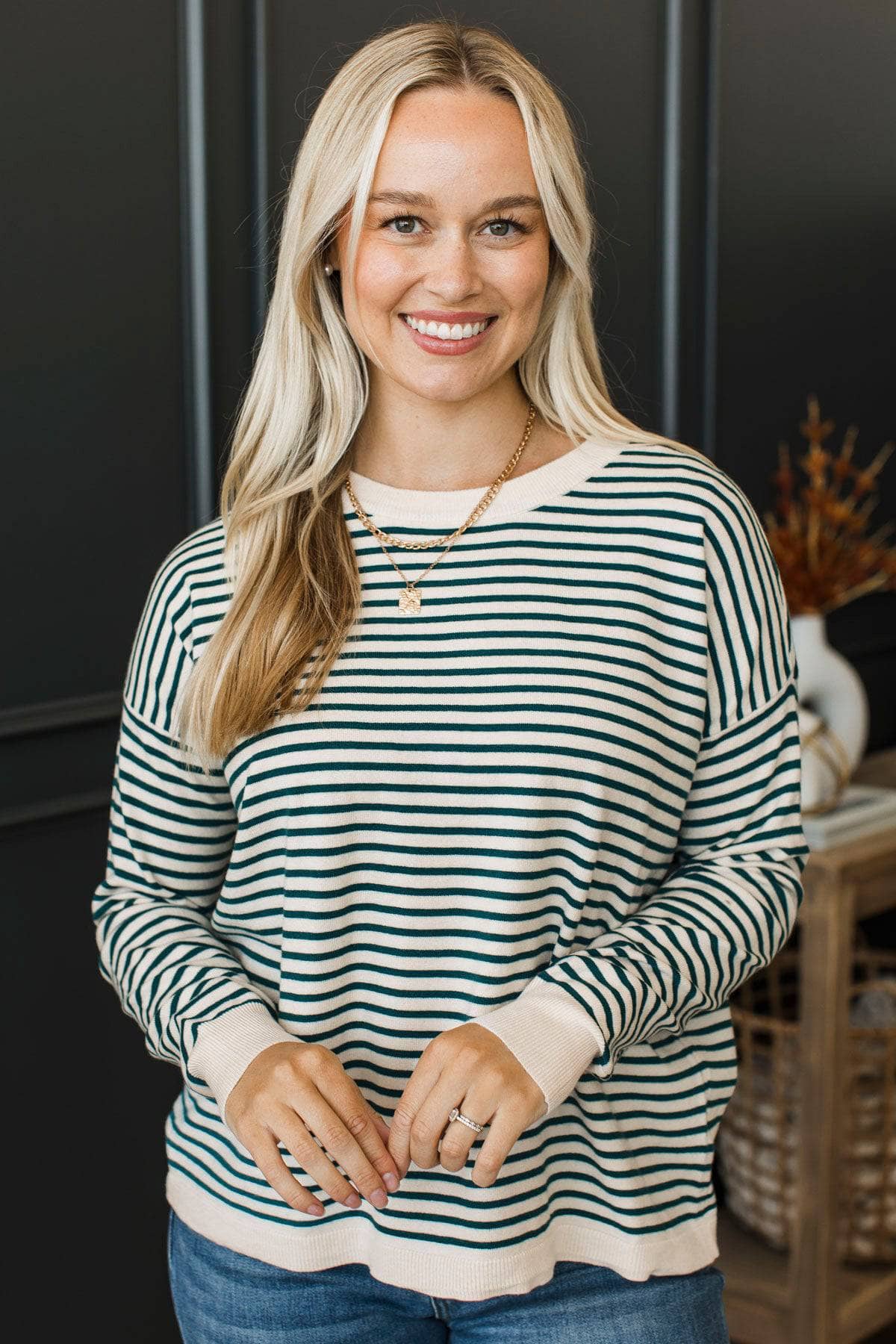 Big Statements Striped Knit Sweater- Ivory & Teal - Image 2