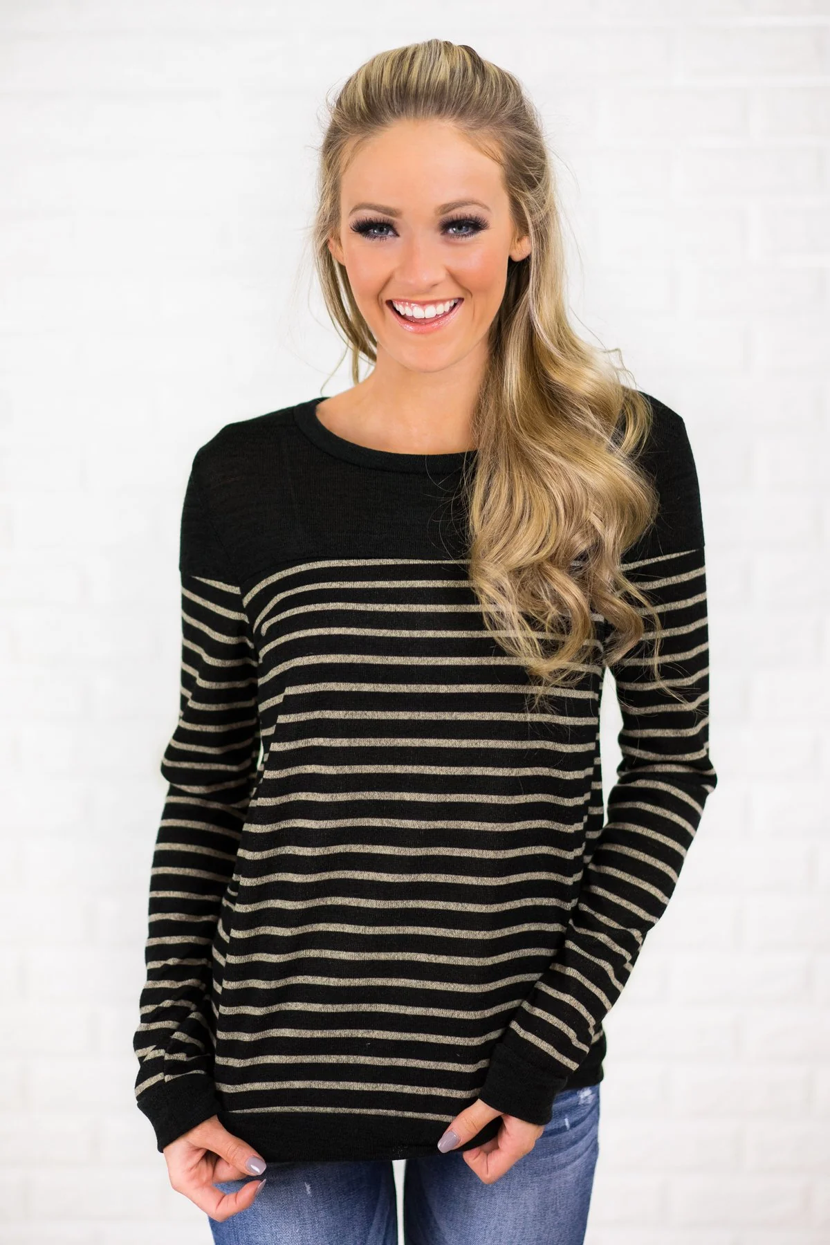 Black and Griege Striped Long Sleeve Top - Image 2