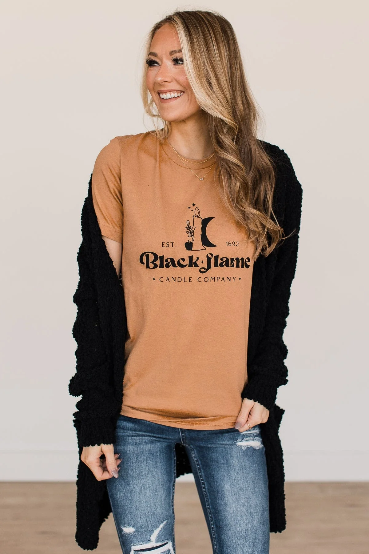 "Black Flame Candle Company" Graphic Tee- Camel - Image 5