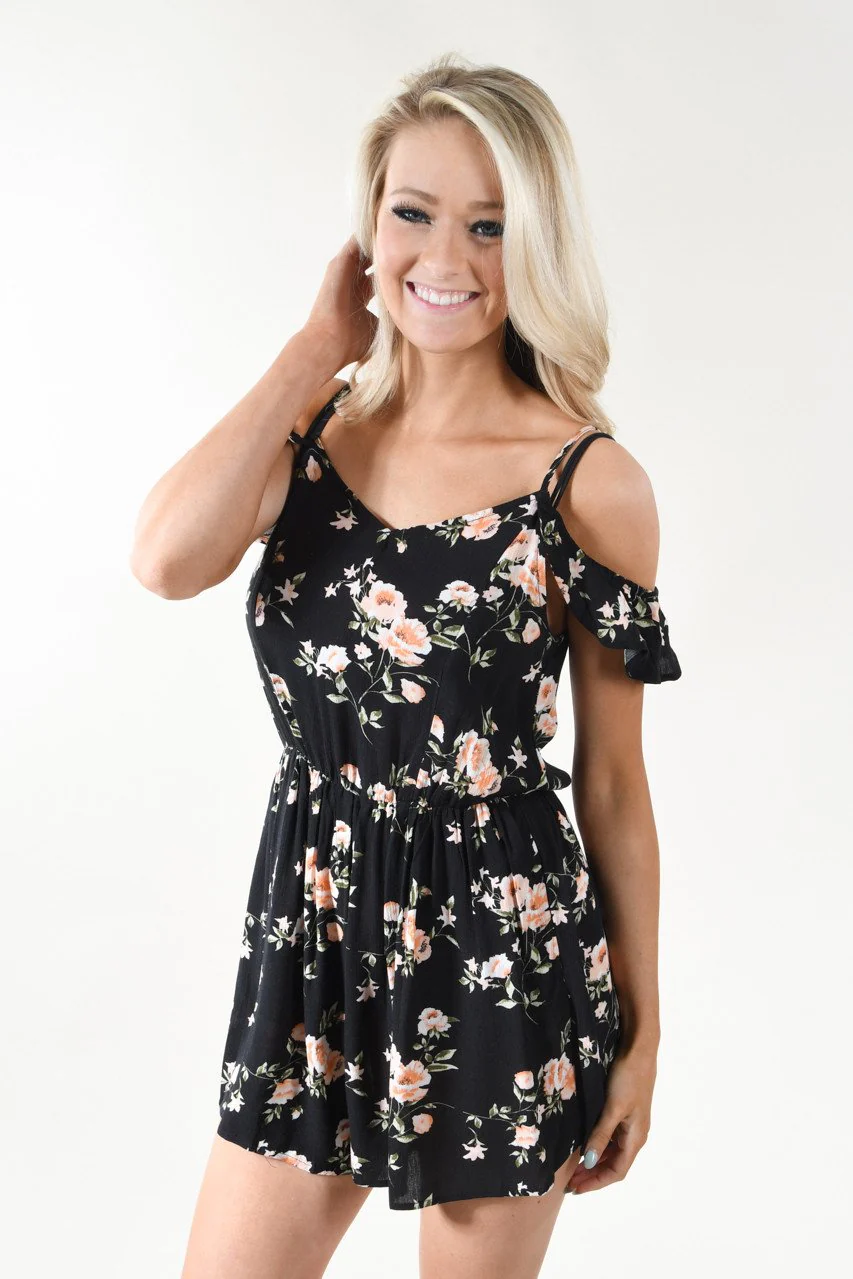Black Floral Cold Shoulder Romper - Image 4
