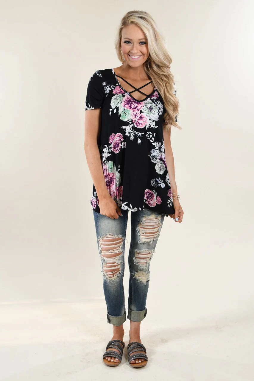 Black Floral Criss Cross Top - Image 8