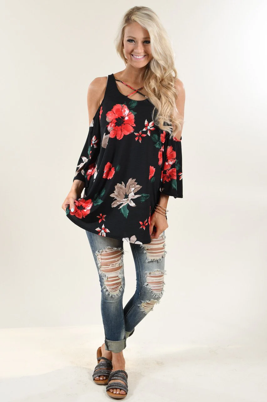 Black Floral Off the Shoulder Top - Image 4