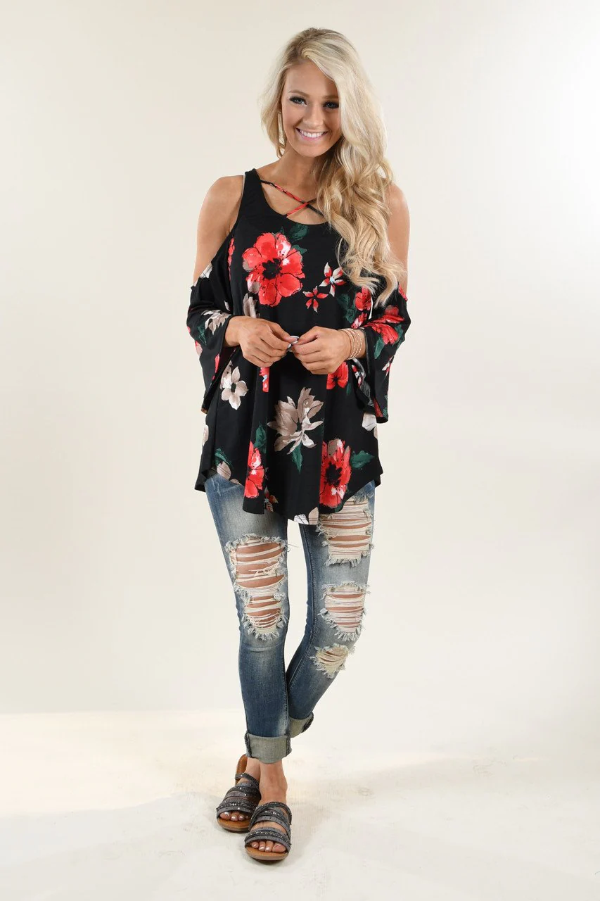 Black Floral Off the Shoulder Top - Image 5
