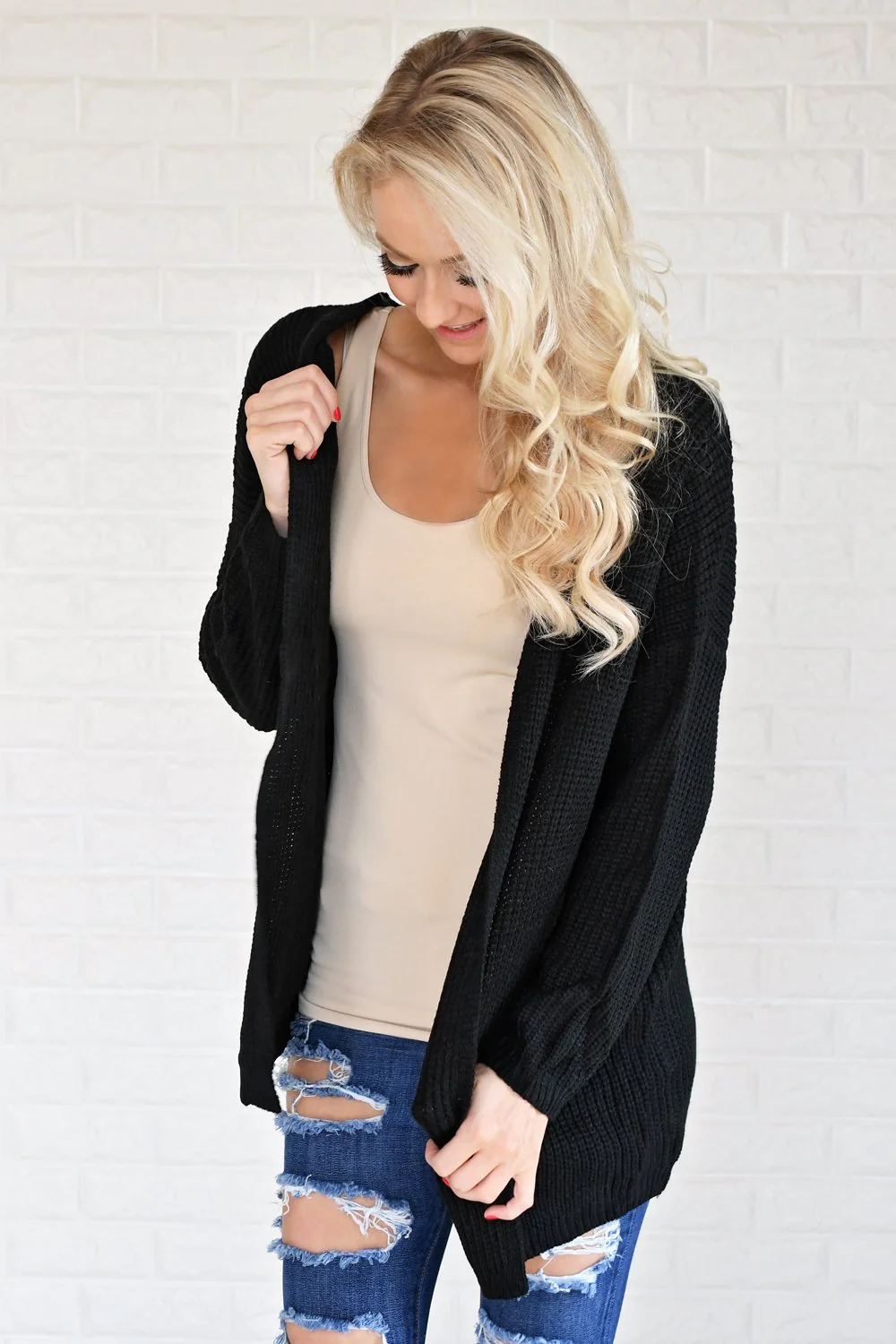Black Knit Lace Up Cardigan