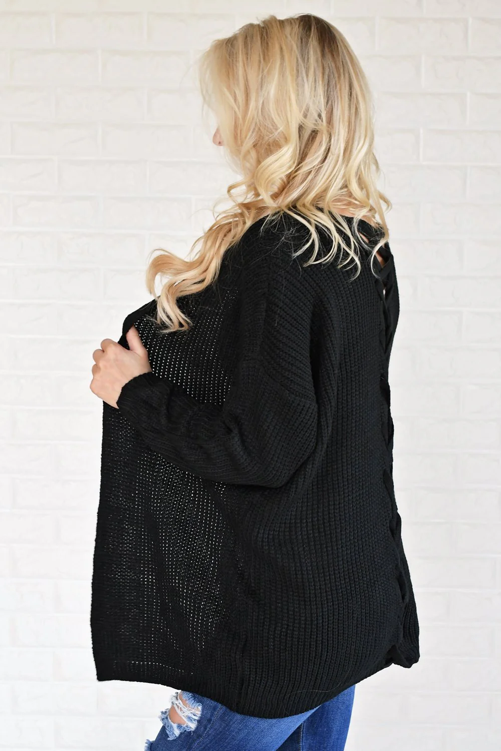 Black Knit Lace Up Cardigan - Image 4