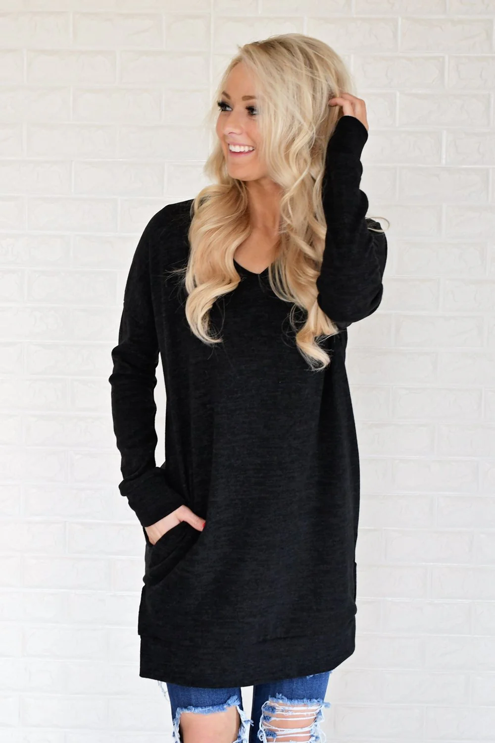 Black V-Neck Tunic Top - Image 2