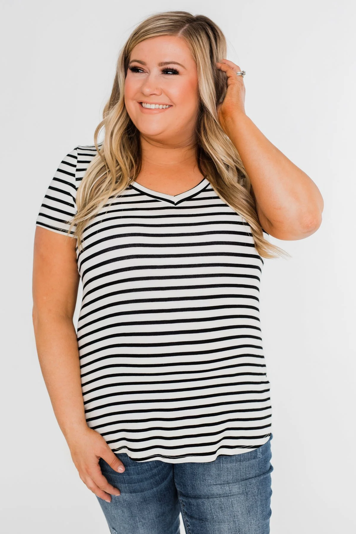 Black & White Striped V-Neck Top