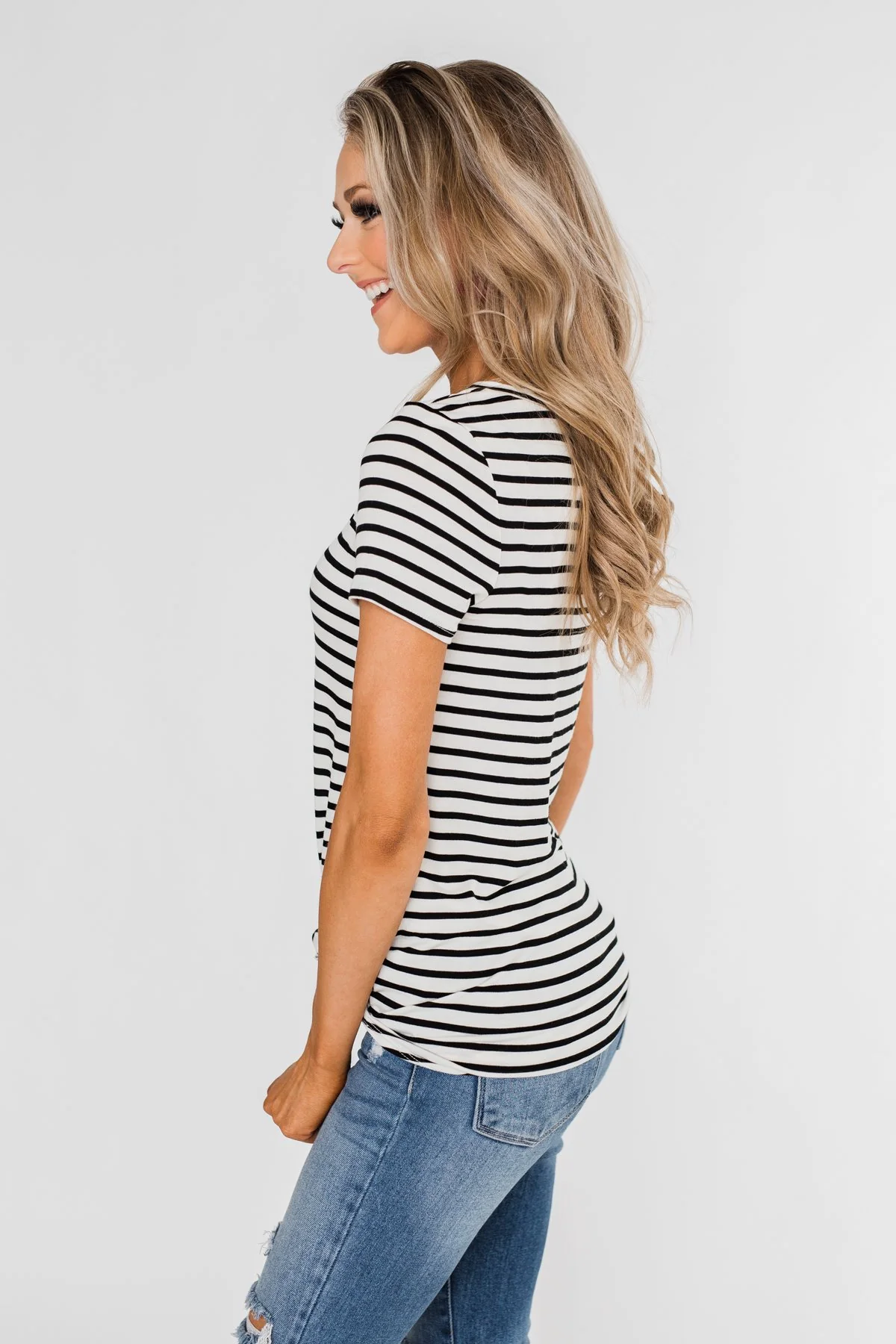 Black & White Striped V-Neck Top - Image 10