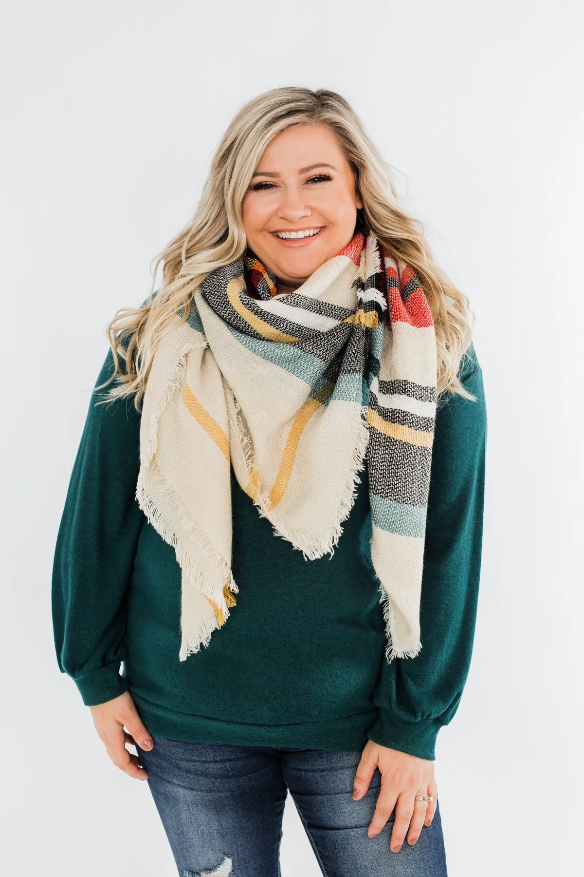Blanket Scarf- Cream, Green, Mustard, & Red - Image 4