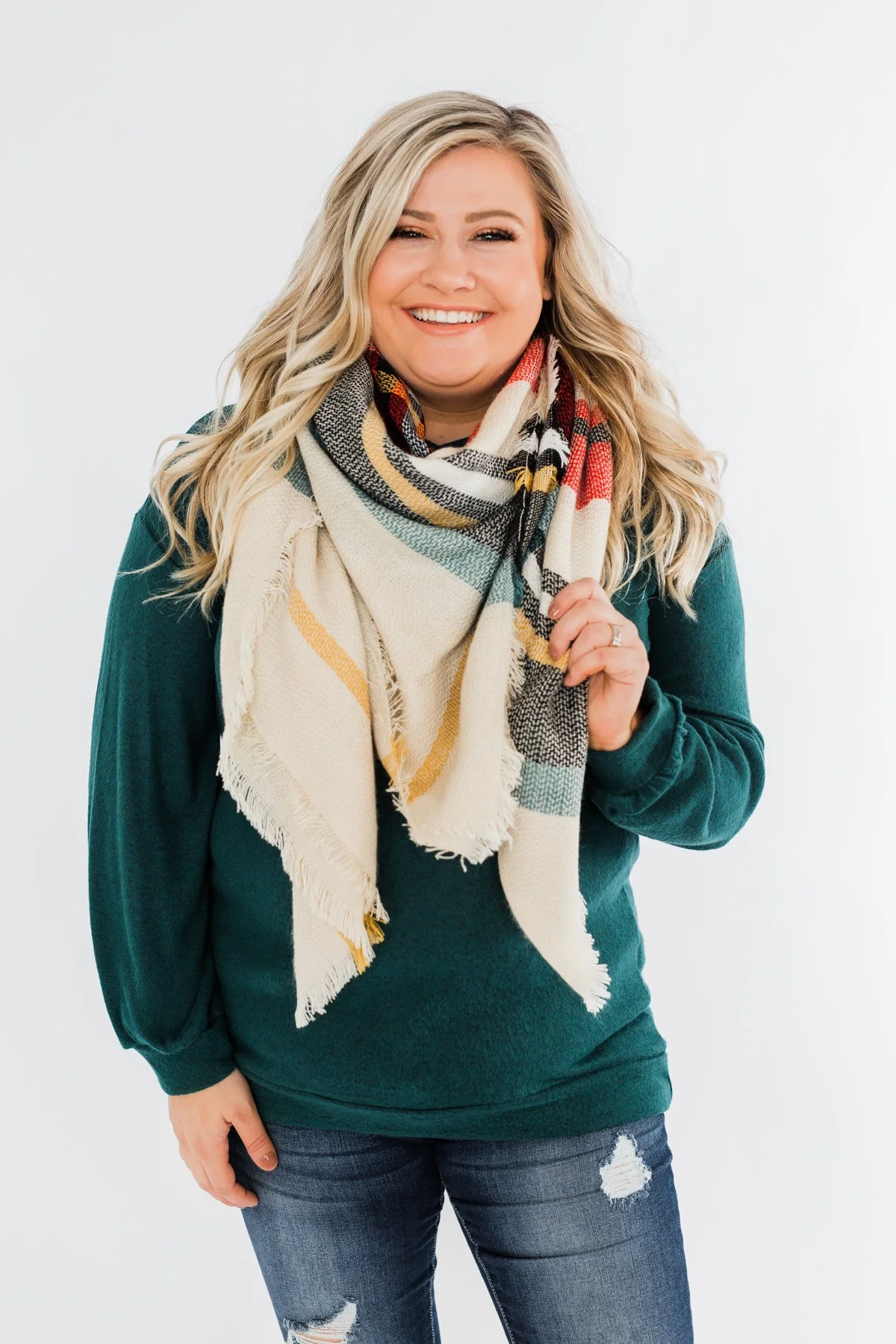 Blanket Scarf- Cream, Green, Mustard, & Red - Image 5