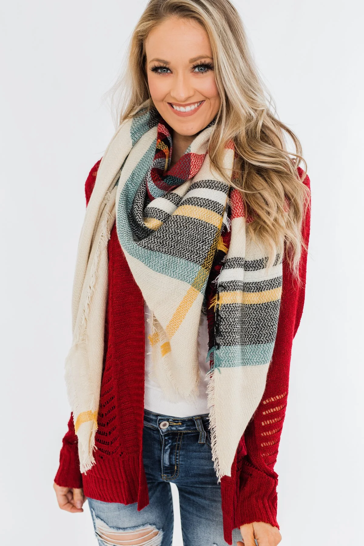 Blanket Scarf- Cream, Green, Mustard, & Red - Image 6