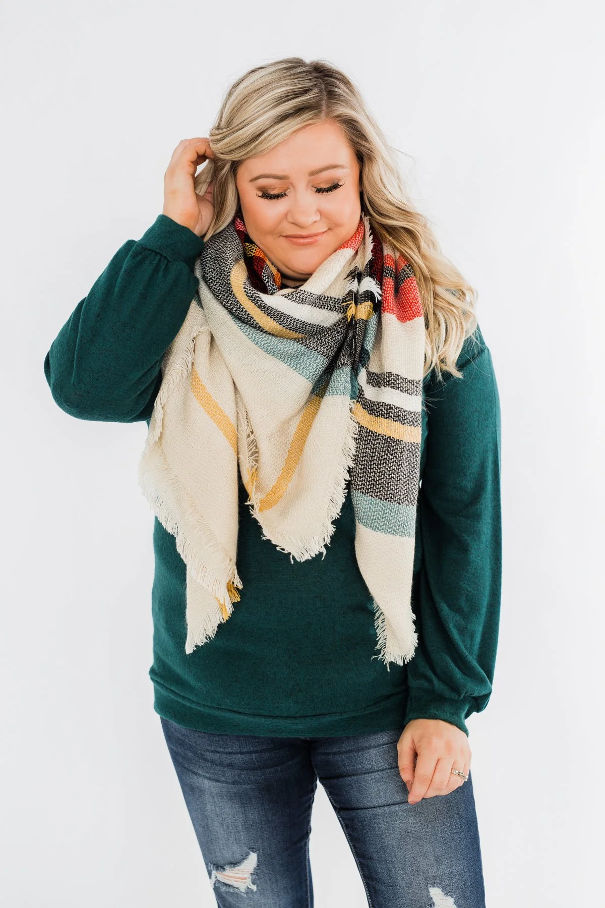 Blanket Scarf- Cream, Green, Mustard, & Red - Image 7