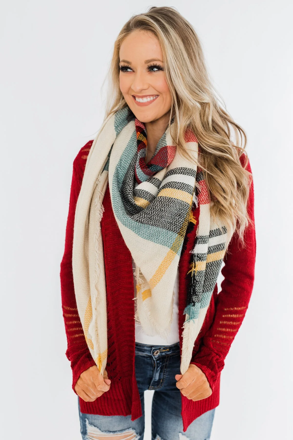 Blanket Scarf- Cream, Green, Mustard, & Red - Image 8