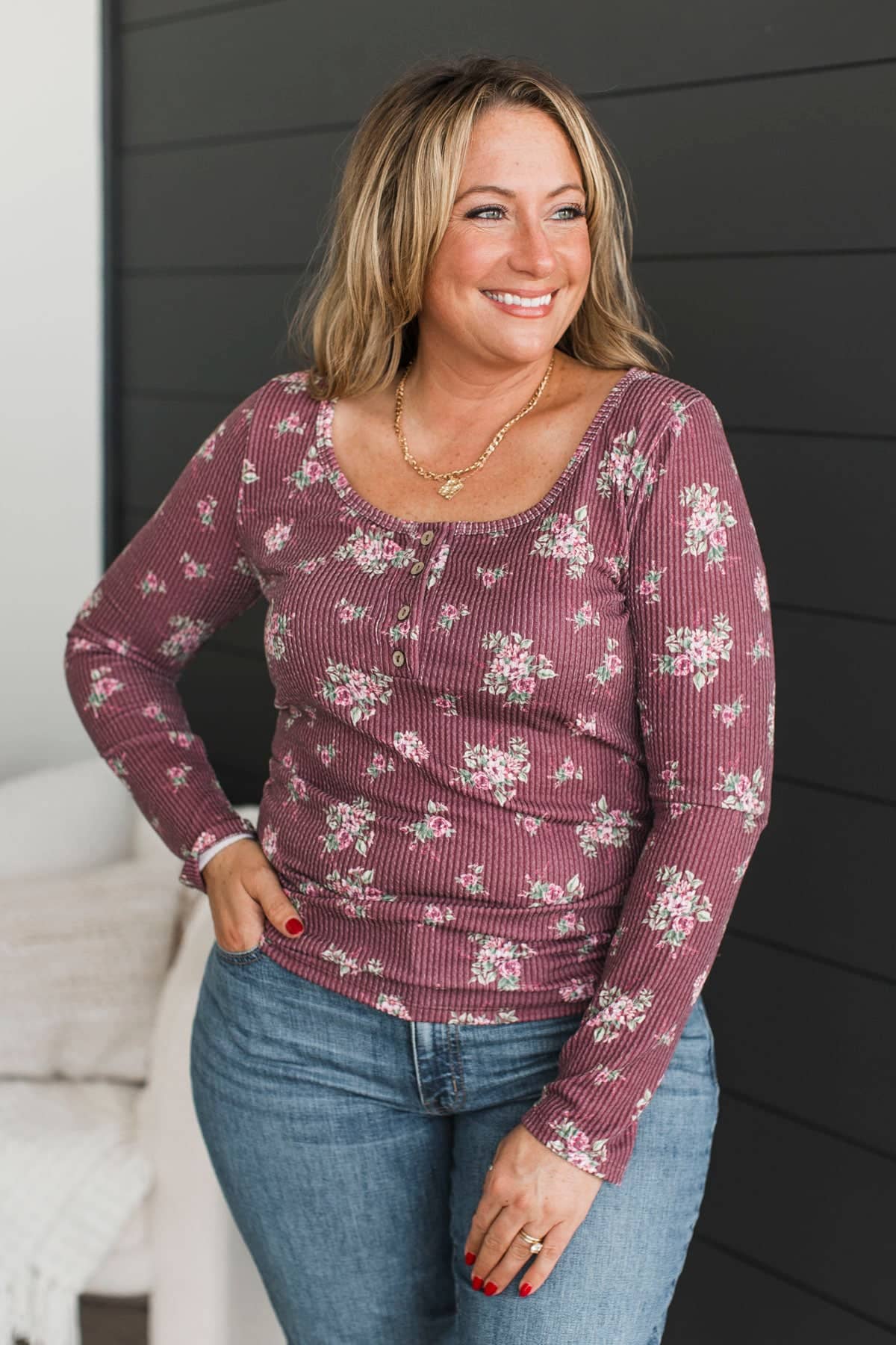 Blessed Beyond Measure Ribbed Floral Top- Burgundy - Image 2