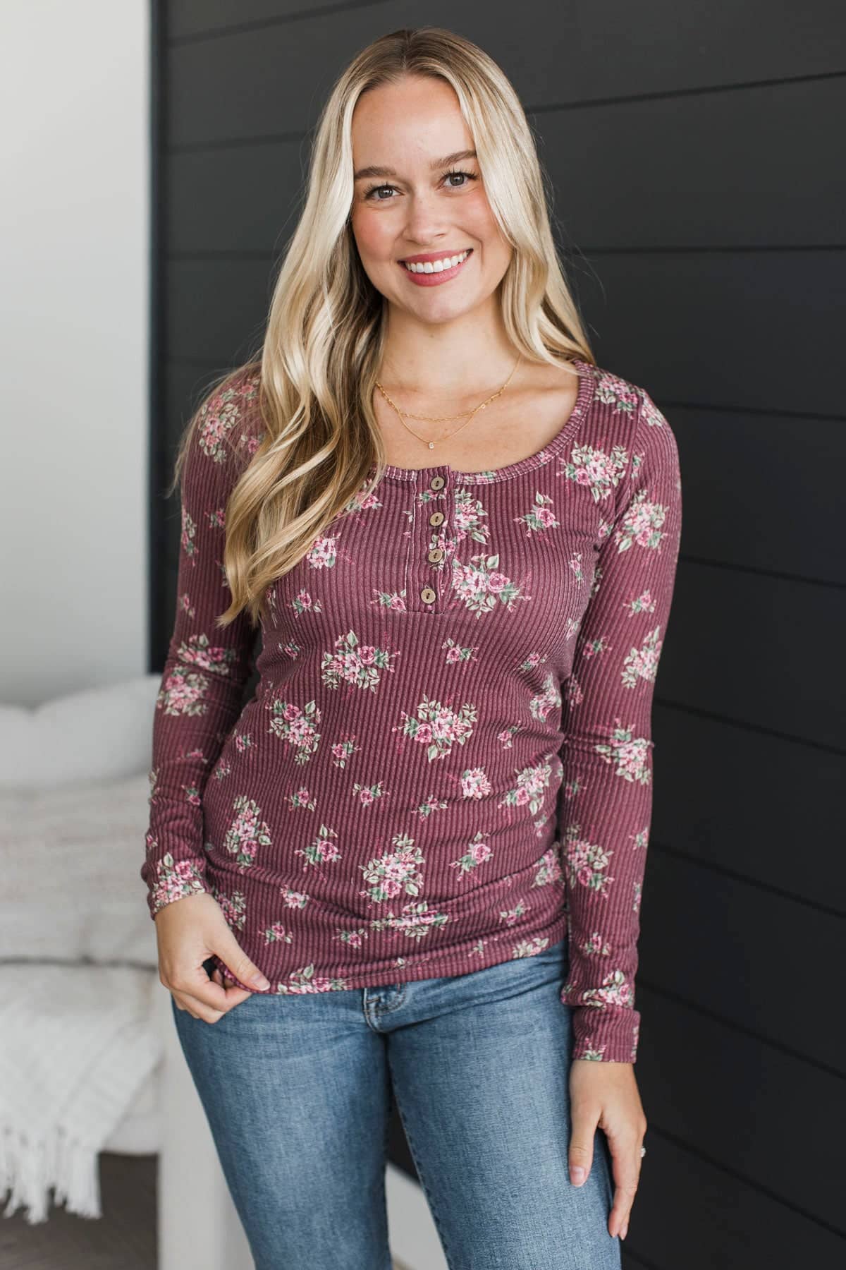 Blessed Beyond Measure Ribbed Floral Top- Burgundy - Image 3