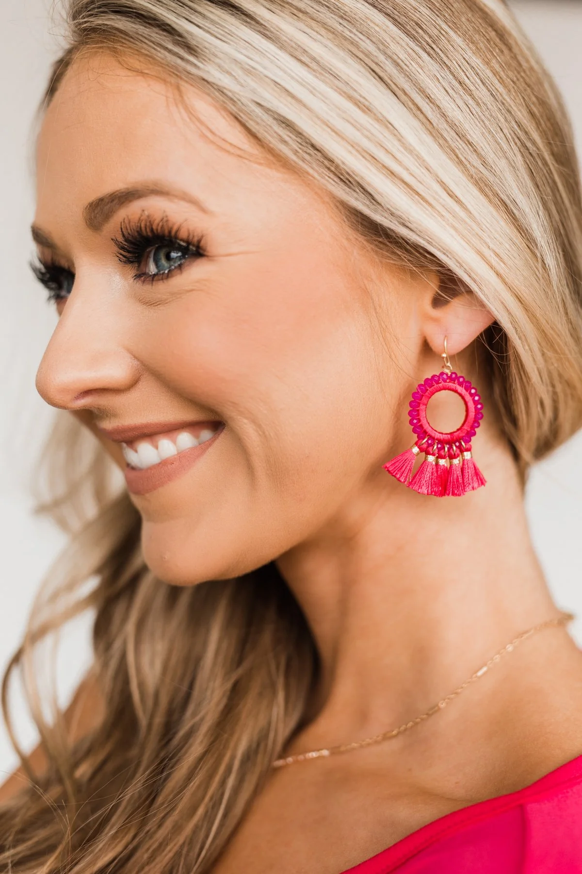 Blessed Mornings Tassel Dangle Earrings- Fuchsia - Image 2