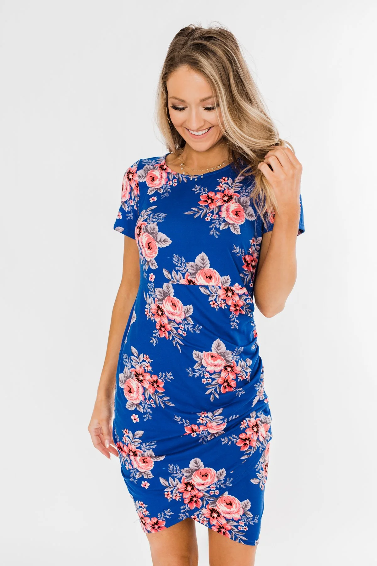 Blessed To Be Me Floral Cinched Waist Dress- Cobalt Blue - Image 3