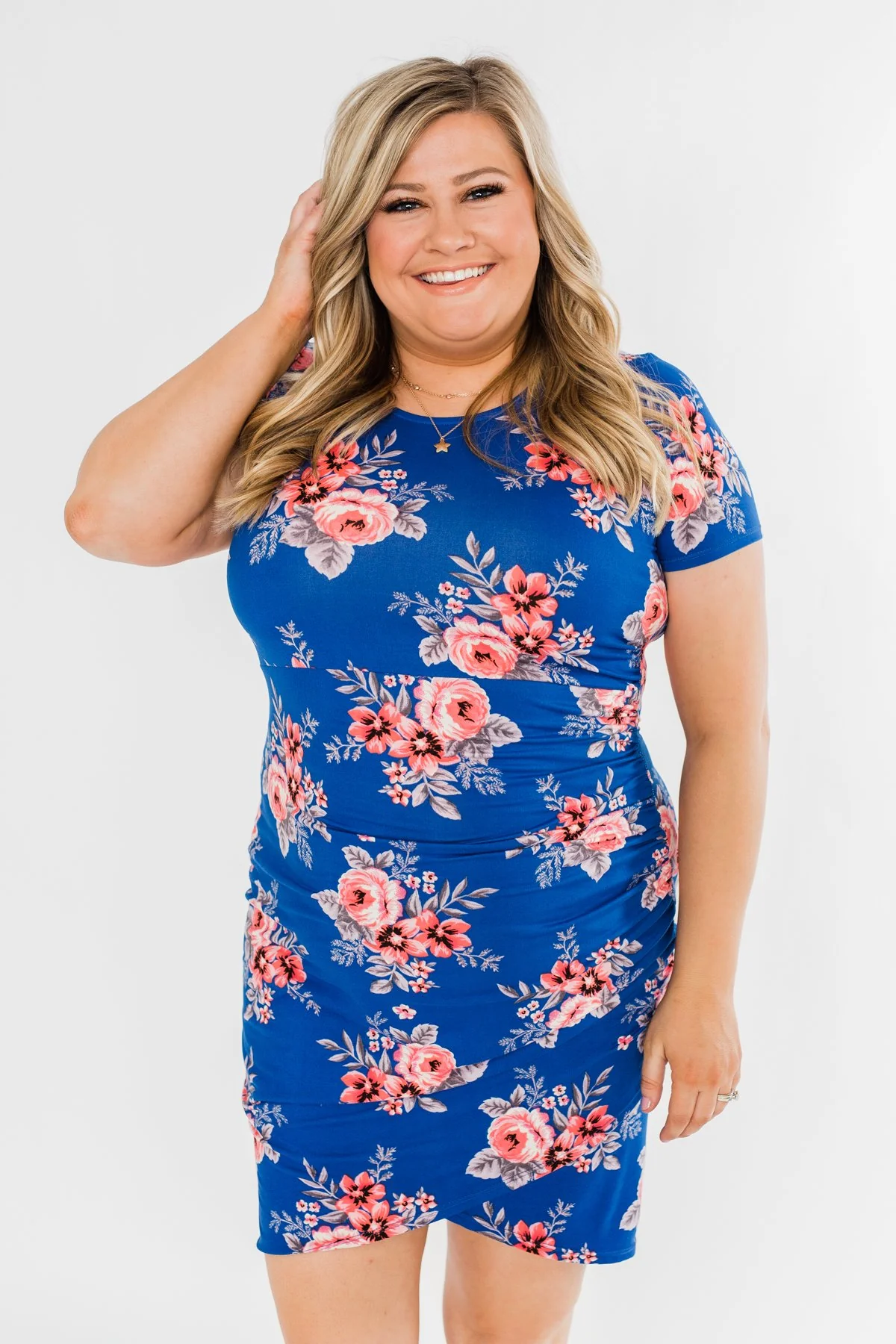 Blessed To Be Me Floral Cinched Waist Dress- Cobalt Blue - Image 4
