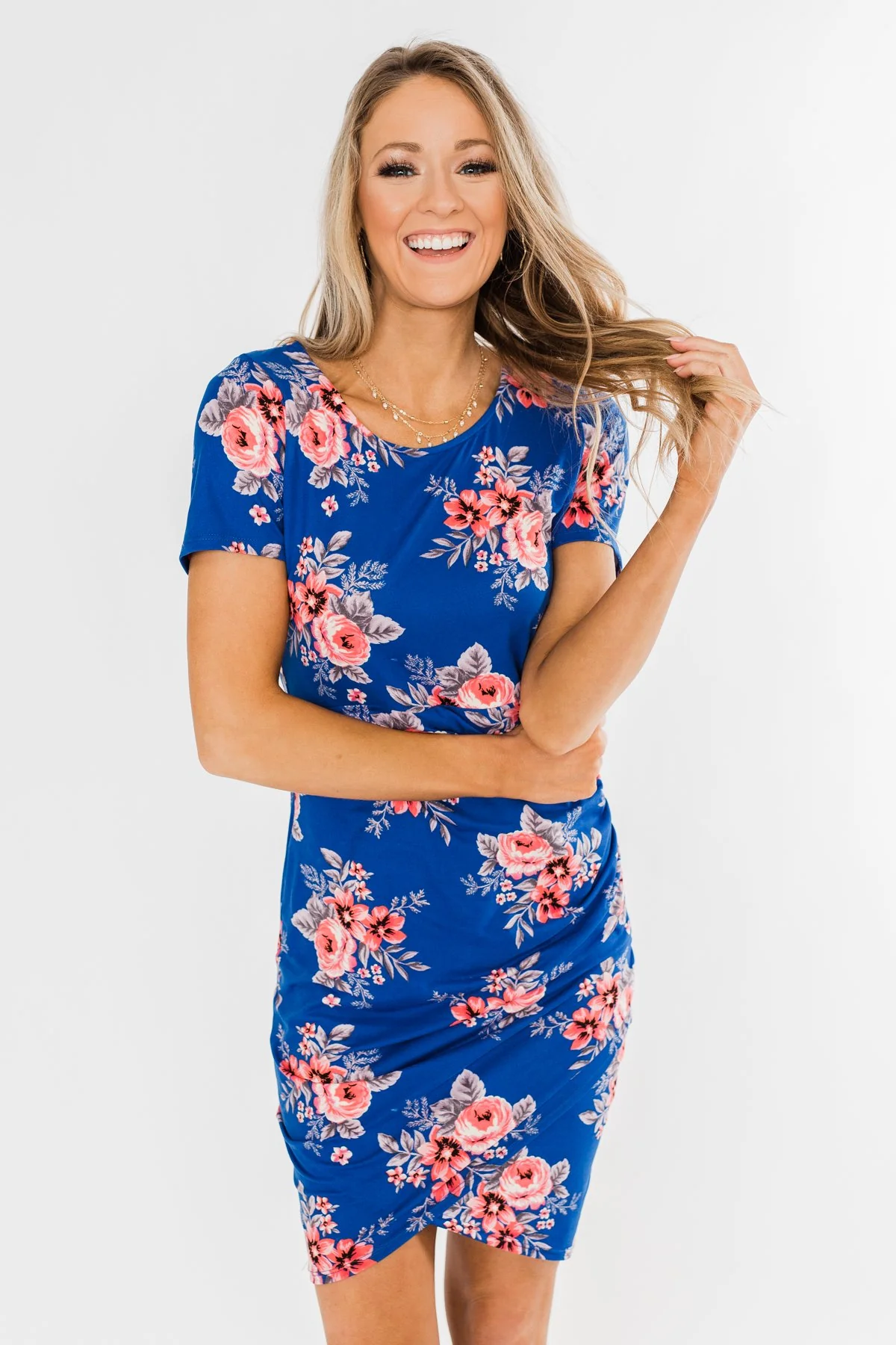 Blessed To Be Me Floral Cinched Waist Dress- Cobalt Blue - Image 5
