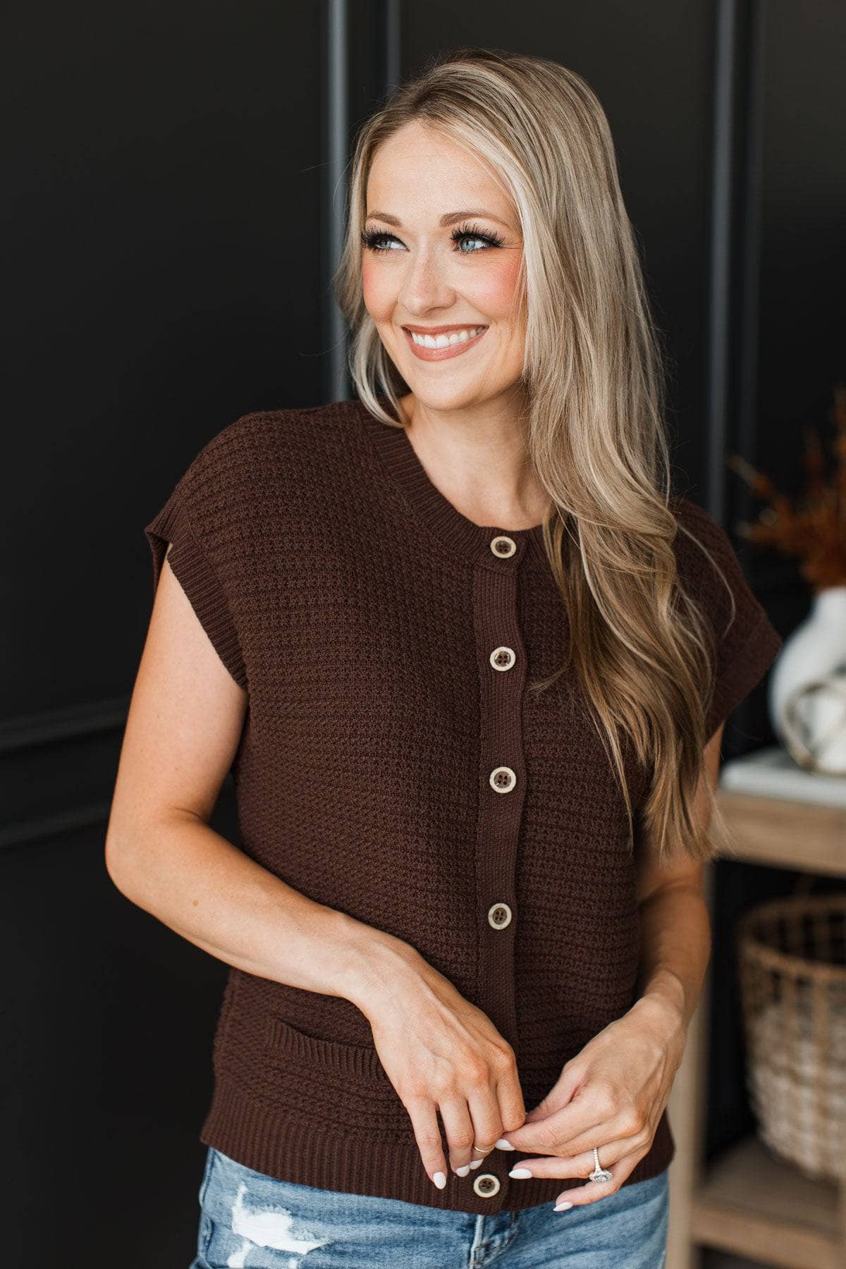 Blissful Life Knit Short Sleeve Button Top- Dark Brown
