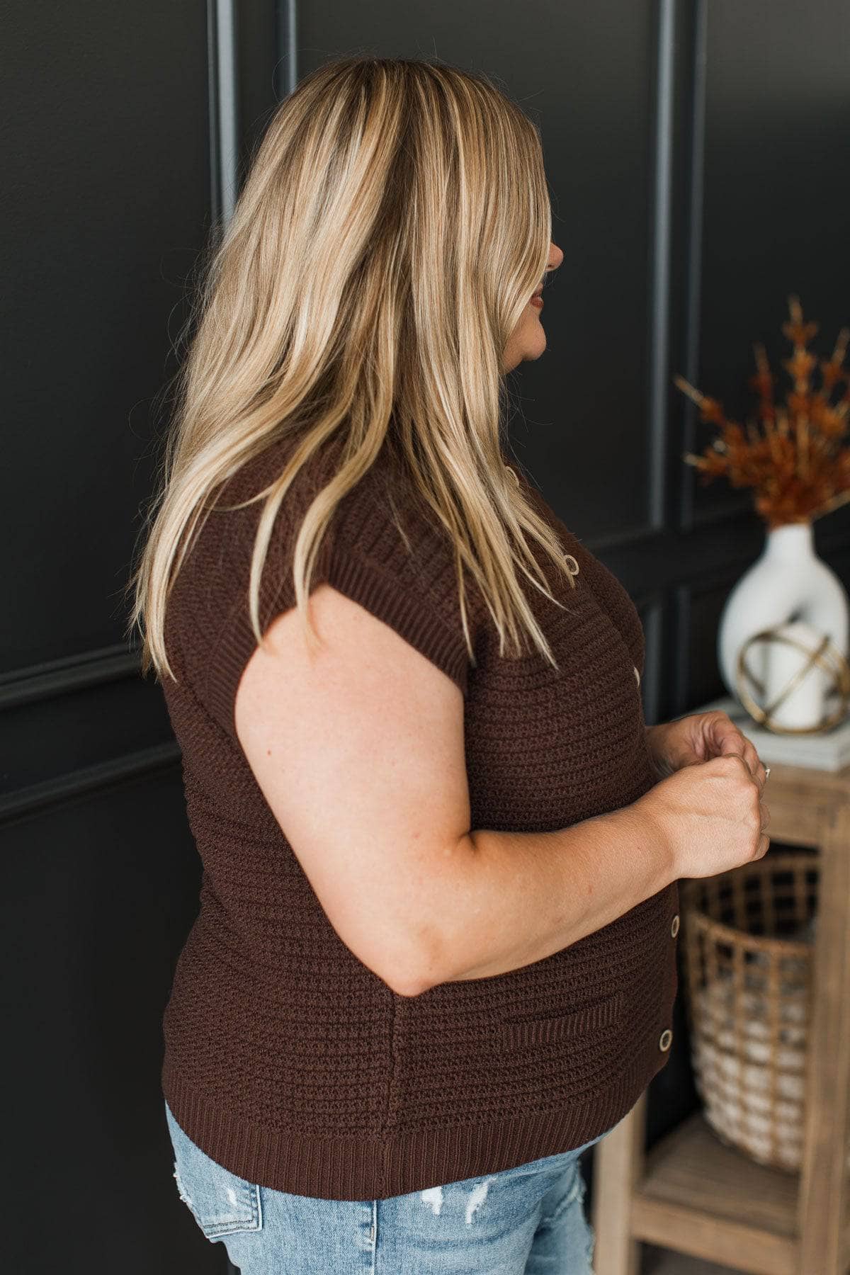 Blissful Life Knit Short Sleeve Button Top- Dark Brown - Image 6