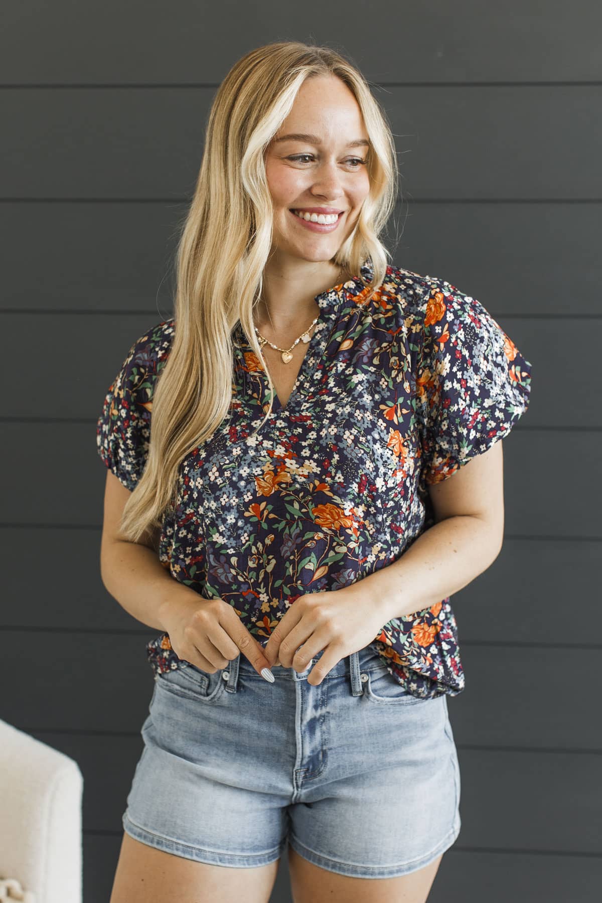 Blissful Melodies Puff Sleeve Top- Navy Multi - Image 2