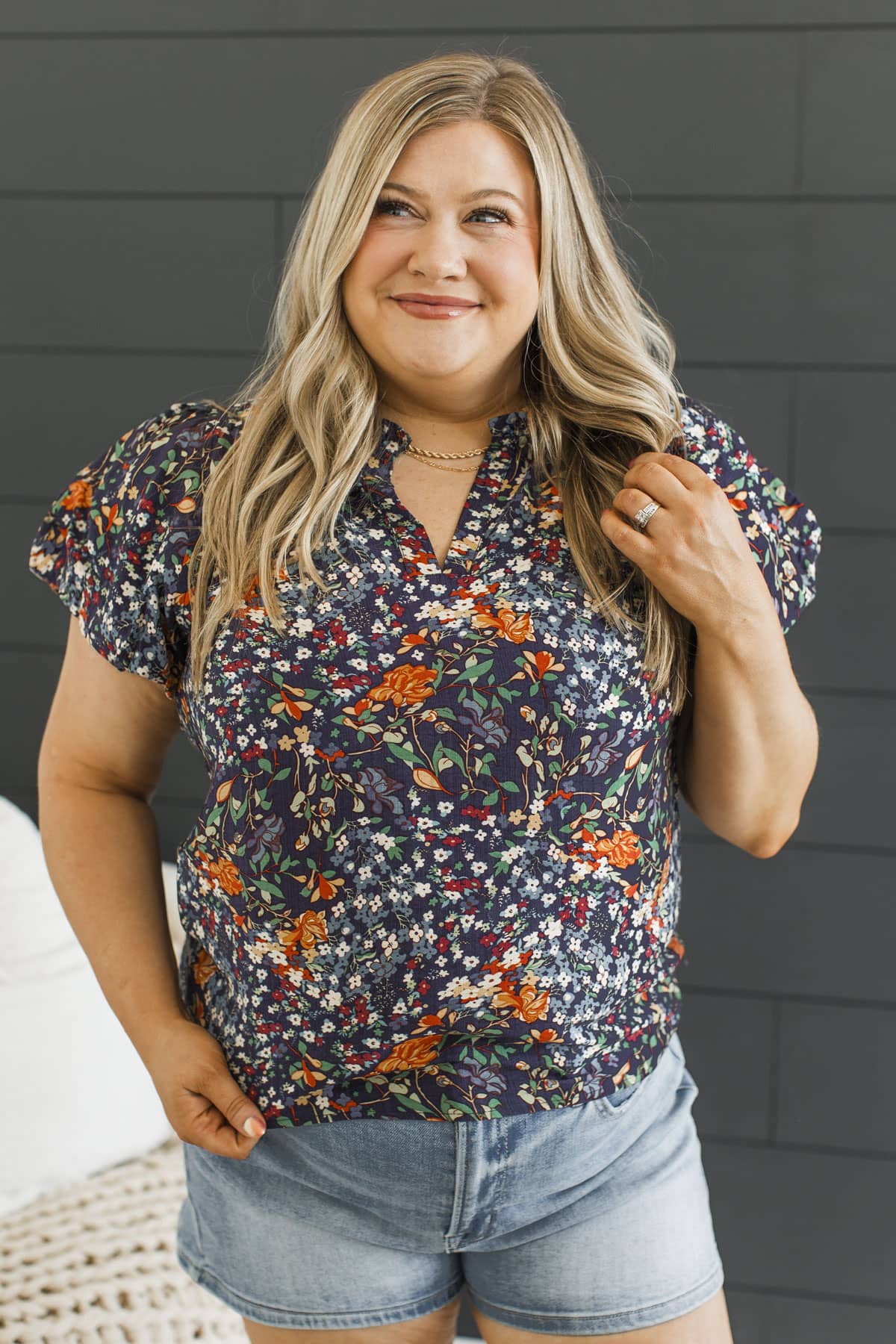 Blissful Melodies Puff Sleeve Top- Navy Multi - Image 3