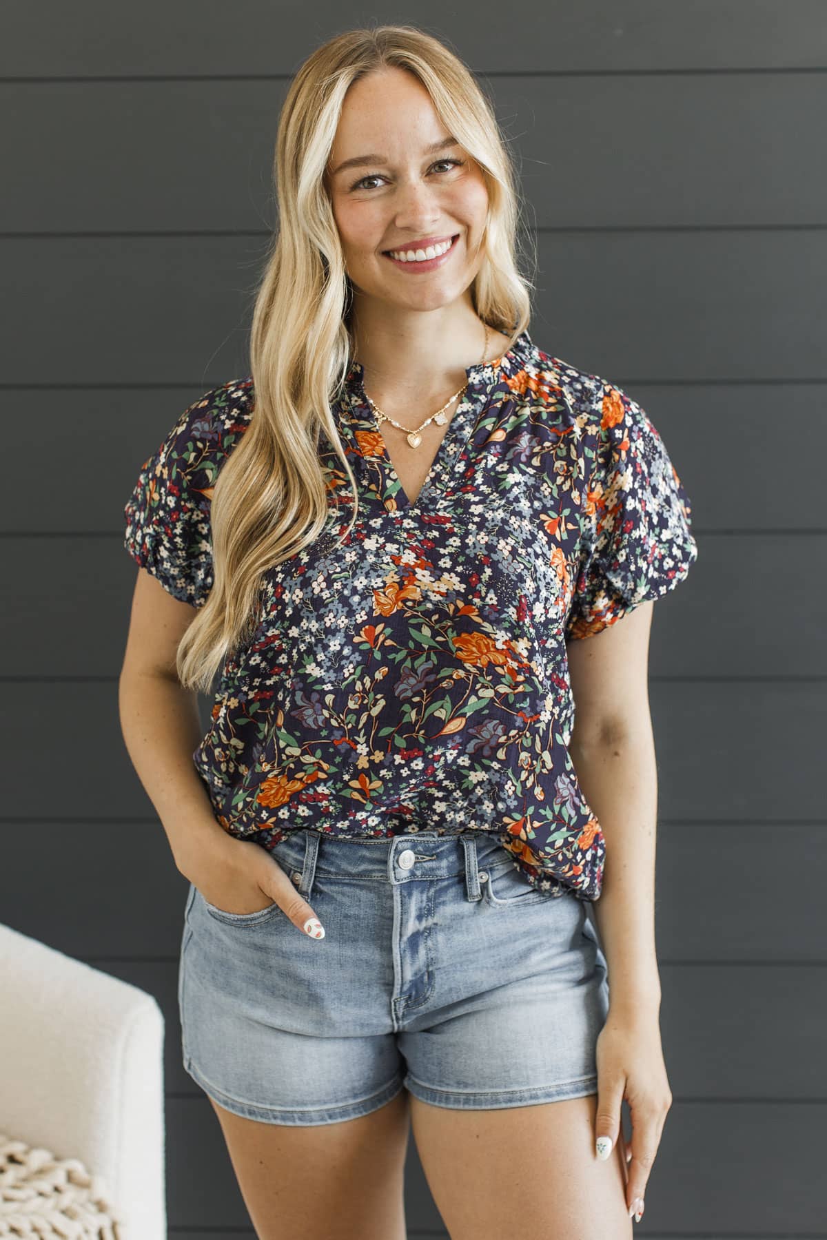 Blissful Melodies Puff Sleeve Top- Navy Multi - Image 4
